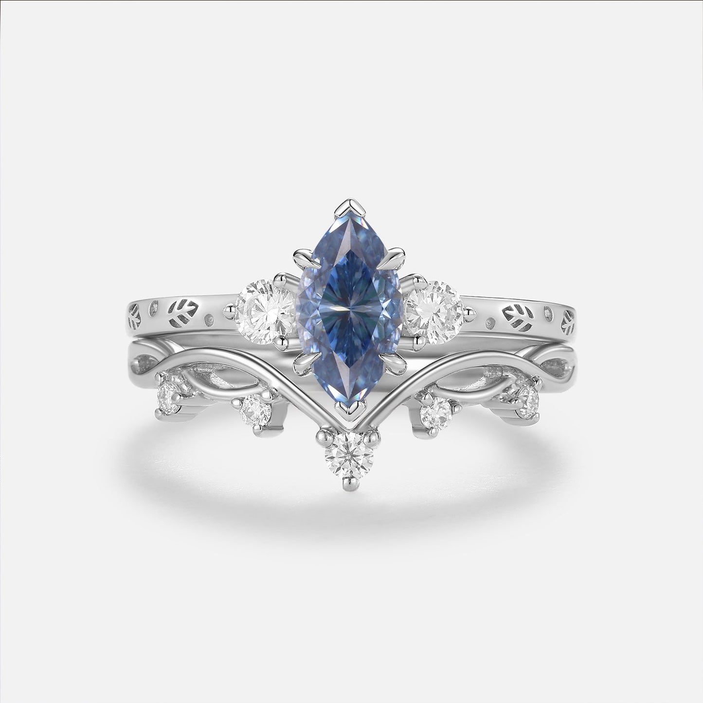 Luminous Reverie - Marquise Blue Moissanite Leaf Engraved Engagement Ring Sets 2pcs - Rune