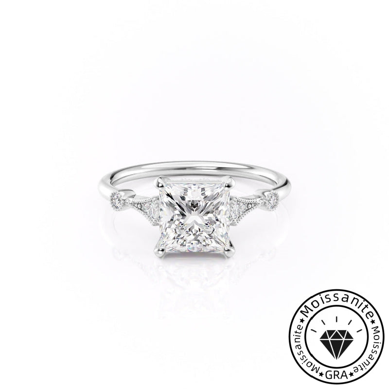 Antique Solarii Moissanite 2.0ct Princess Cut 925 Sterling Silver Side Stone Engagement Ring