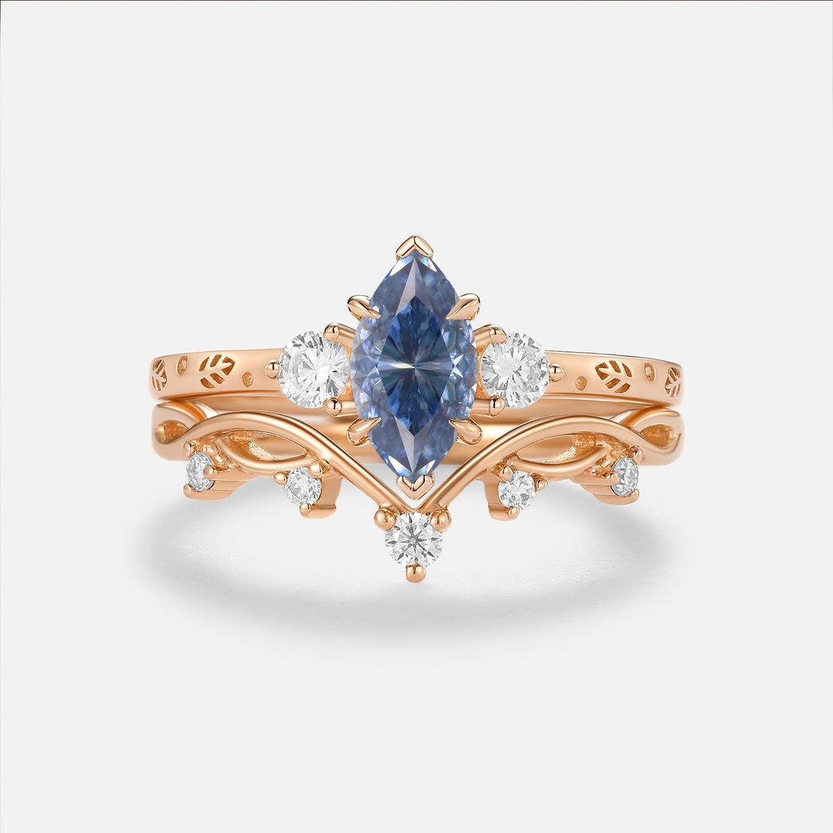 Luminous Reverie - Marquise Blue Moissanite Leaf Engraved Engagement Ring Sets 2pcs - Rune