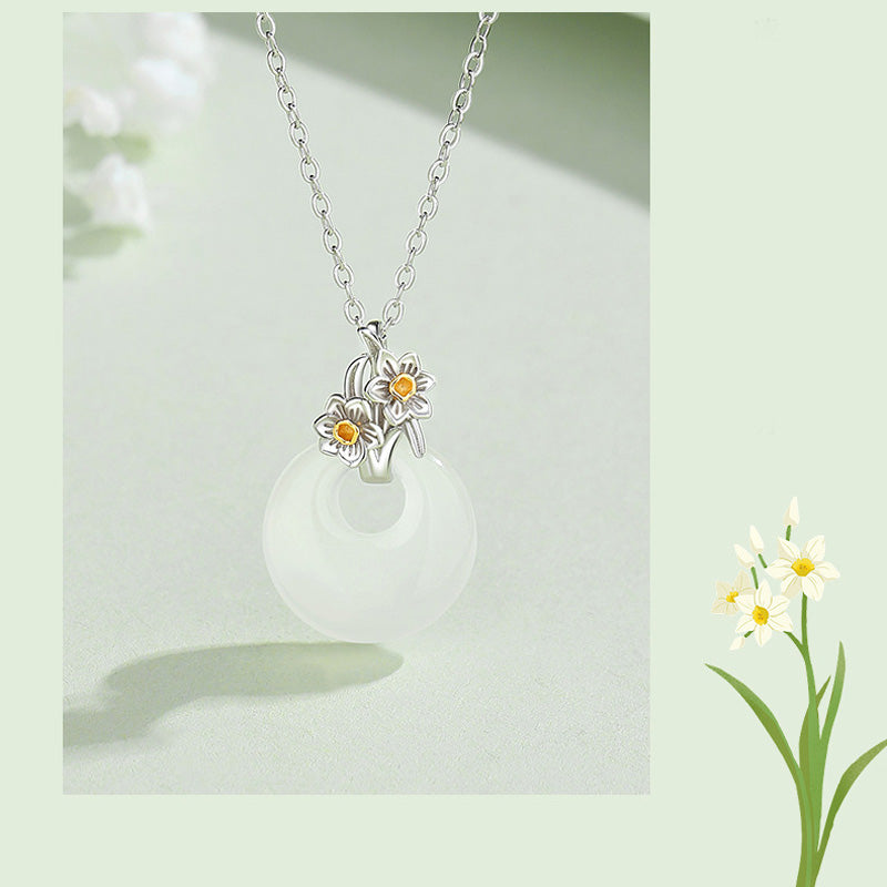 Fortune Jewel 925 Sterling Silver Round Chalcedony Twelve Months Flower Harmony Necklace Pendant