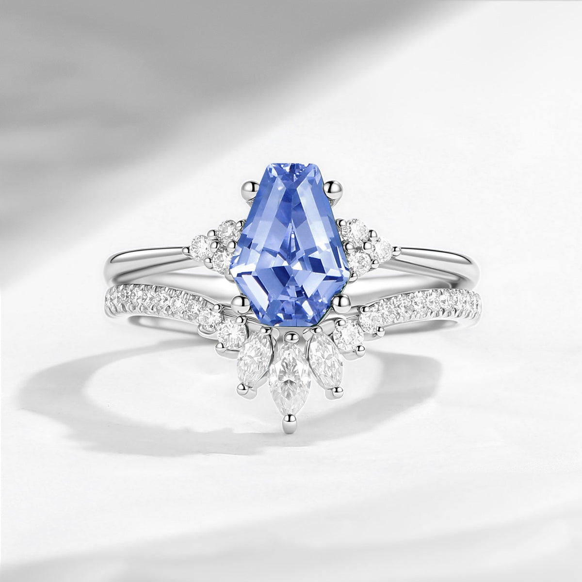 Classic Coffin Cut Lab Cornflower Sapphire Engagement Set 2pcs - White Dress
