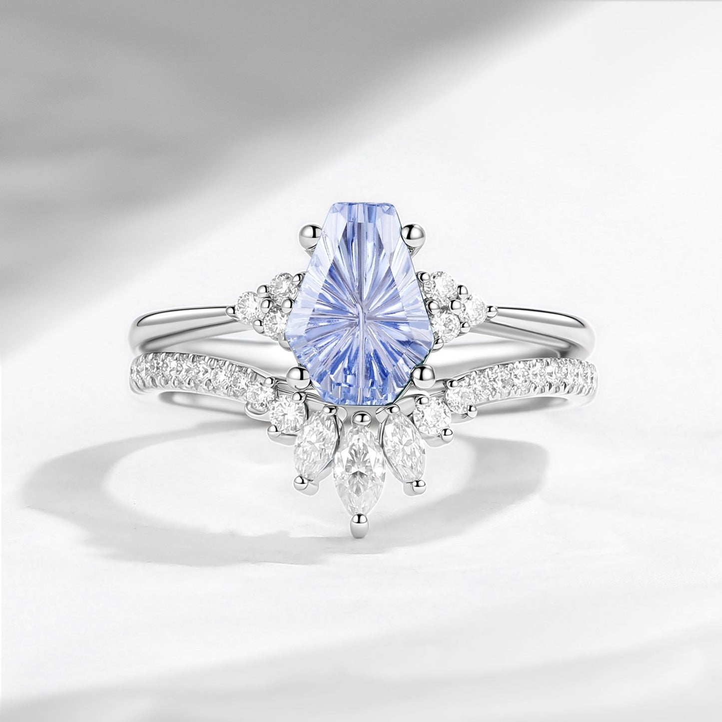 'White Dress' - Fantasy Carved Coffin Lab Cornflower Sapphire Engagement ring Set