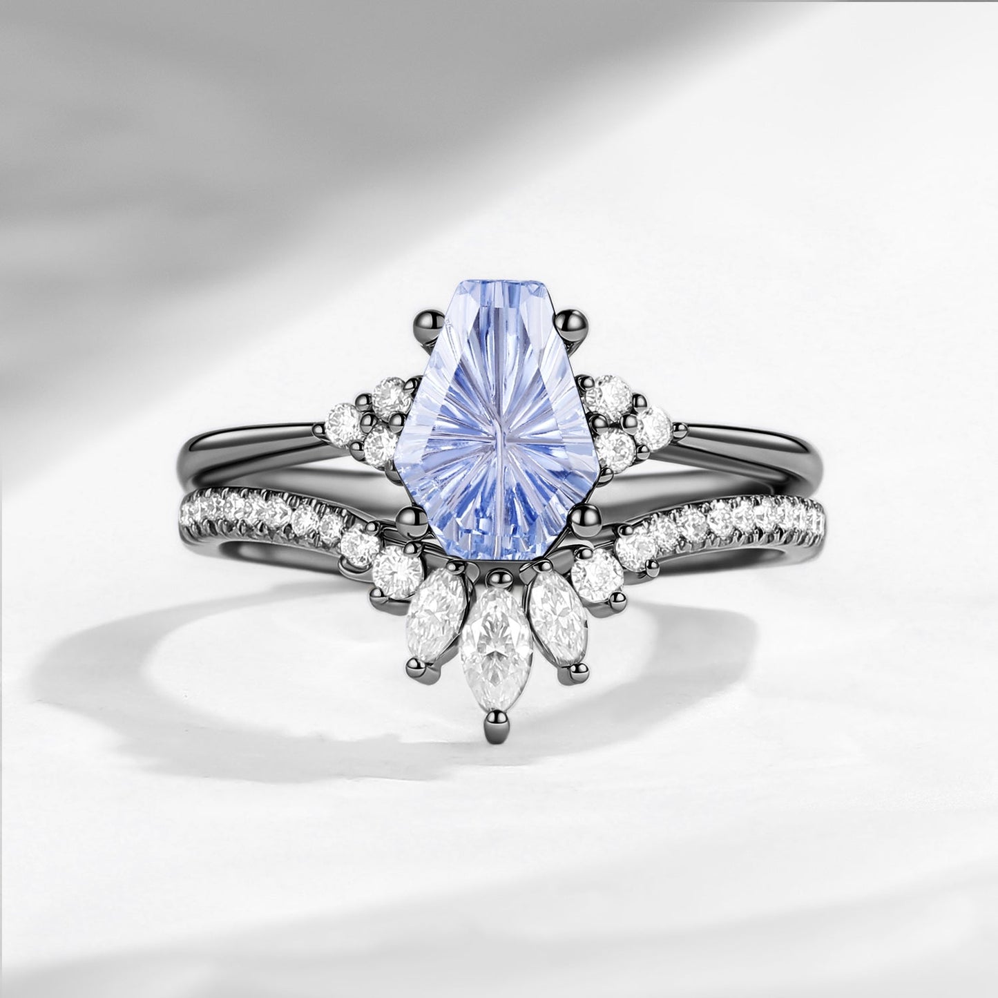 'White Dress' - Fantasy Carved Coffin Lab Cornflower Sapphire Engagement ring Set