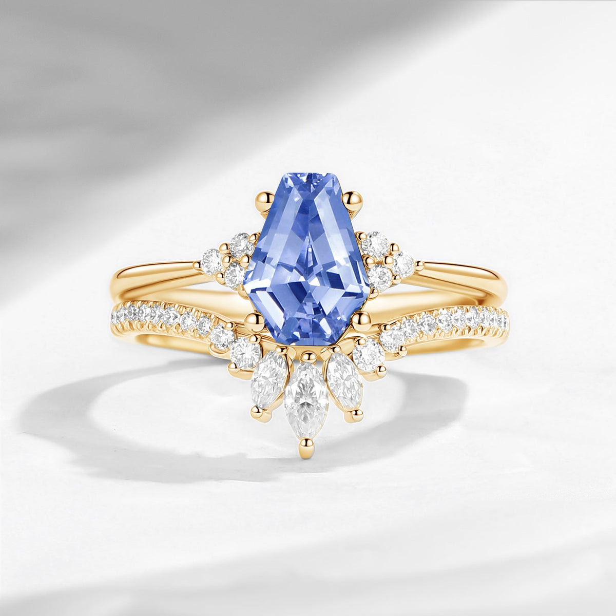 Classic Coffin Cut Lab Cornflower Sapphire Engagement Set 2pcs - White Dress