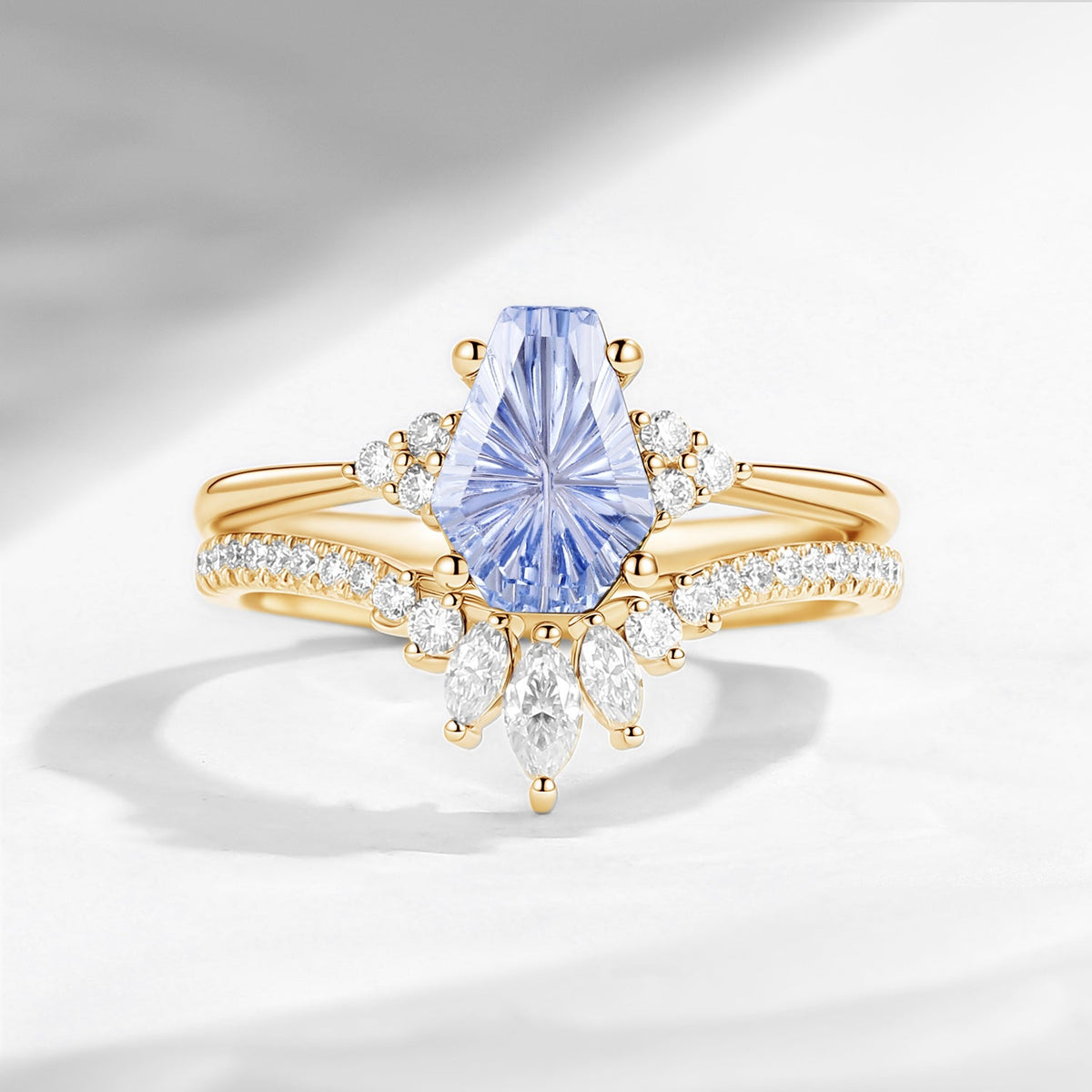 'White Dress' - Fantasy Carved Coffin Lab Cornflower Sapphire Engagement ring Set