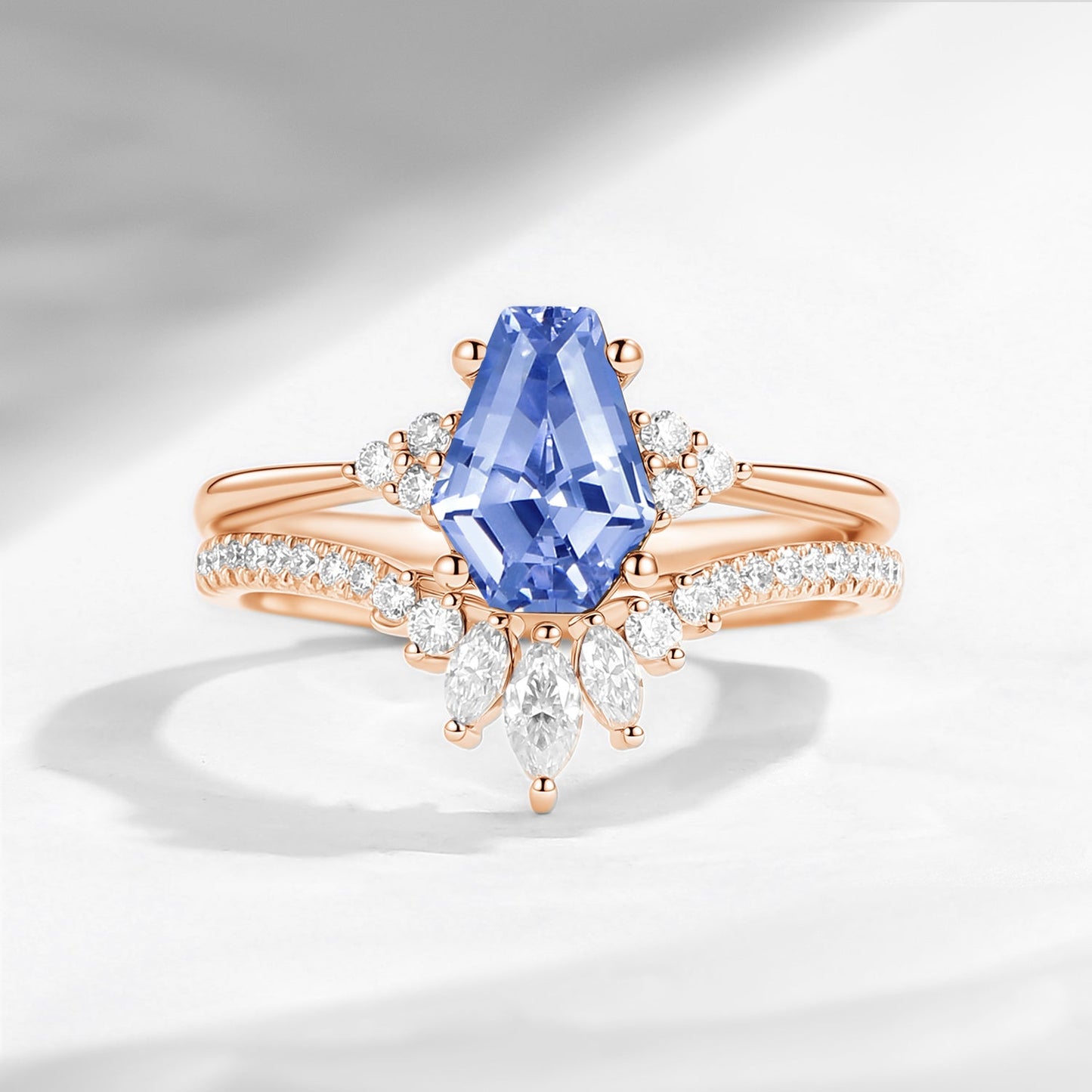 Classic Coffin Cut Lab Cornflower Sapphire Engagement Set 2pcs - White Dress