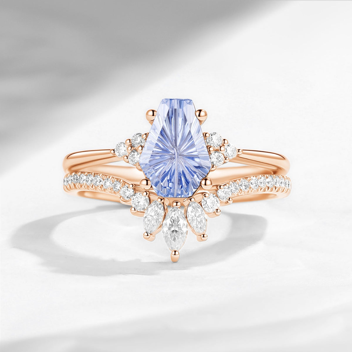 'White Dress' - Fantasy Carved Coffin Lab Cornflower Sapphire Engagement ring Set