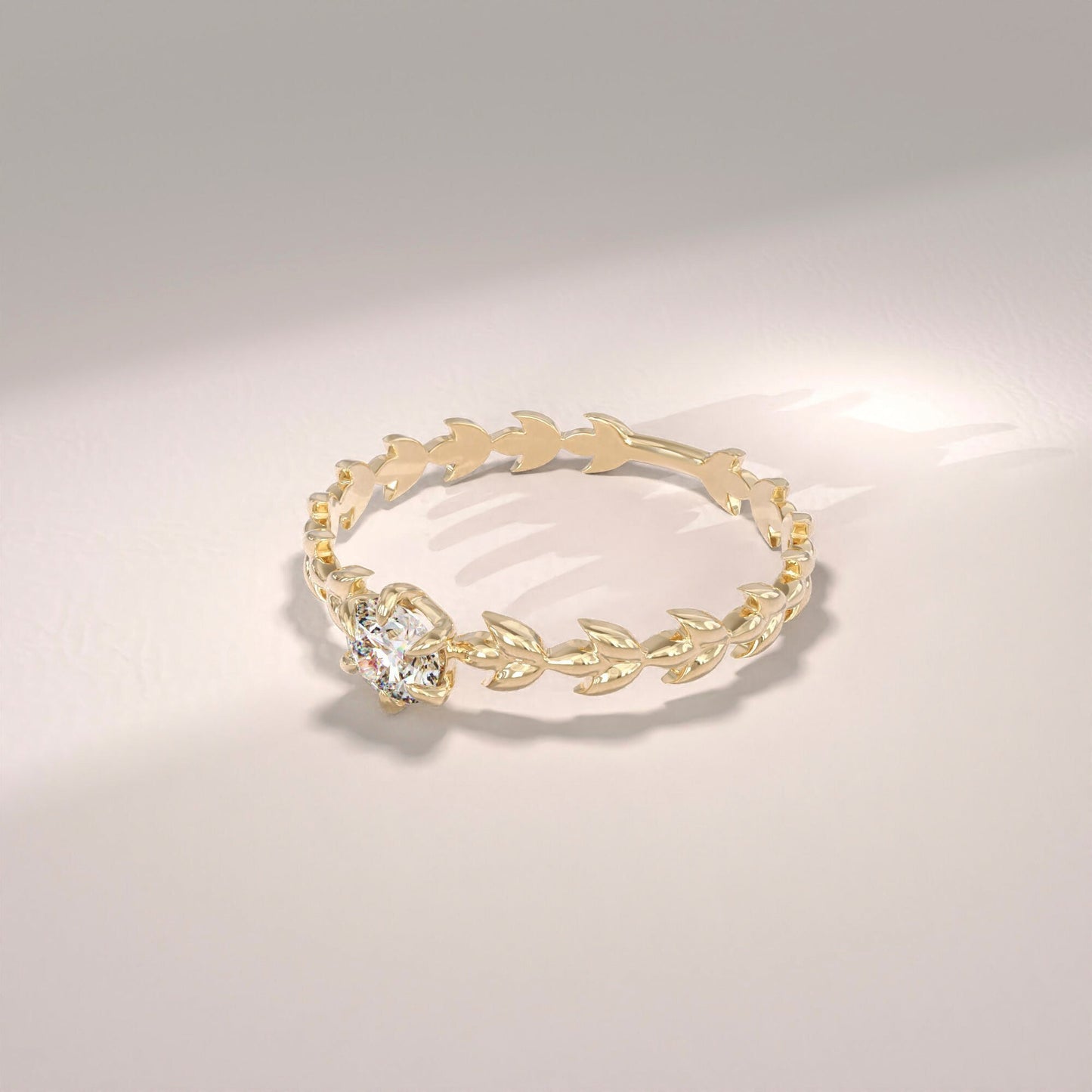 Handcrafted 14k Solid Gold Engagement Band - Diamond Solitaire with Vine Detailing, Minimalist Leaf Eternity Ring for Her, Nature-Floral Design