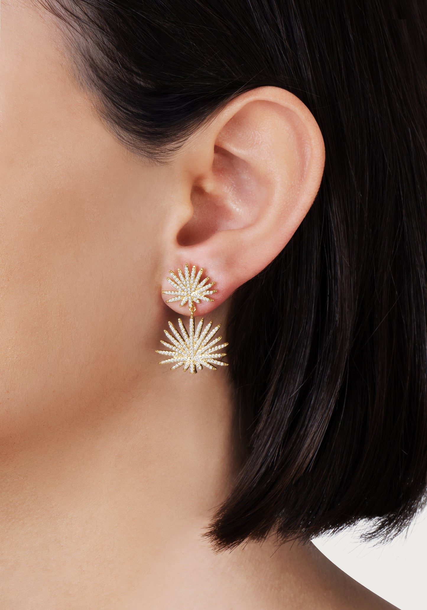 Palm Pave Double Fan Palm Earrings, Gold