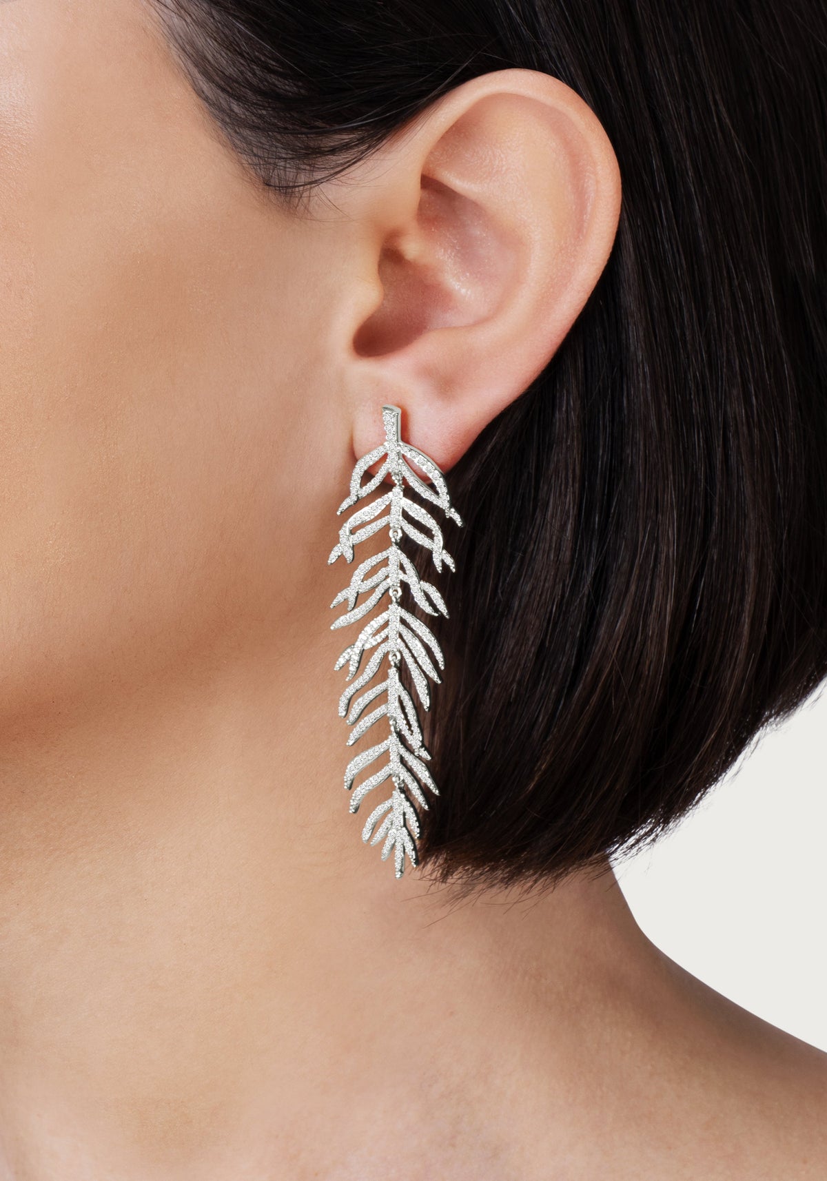 Palm Leaves Pave Dangle Earrings, Silver