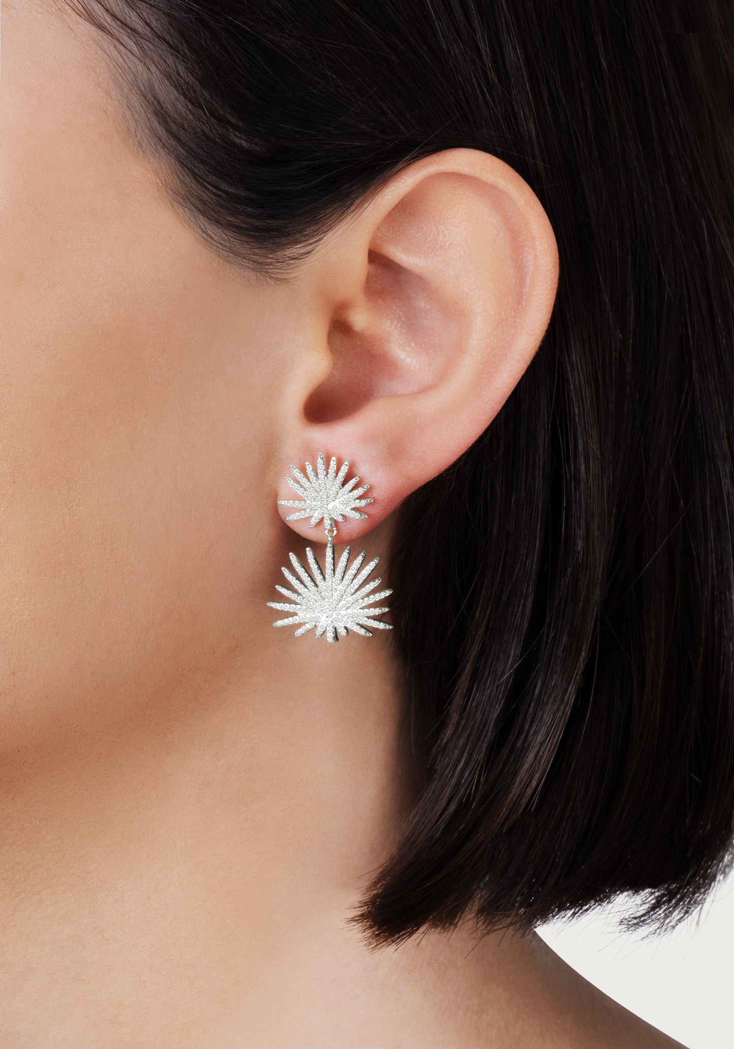 Palm Pave Double Fan Palm Earrings, Silver