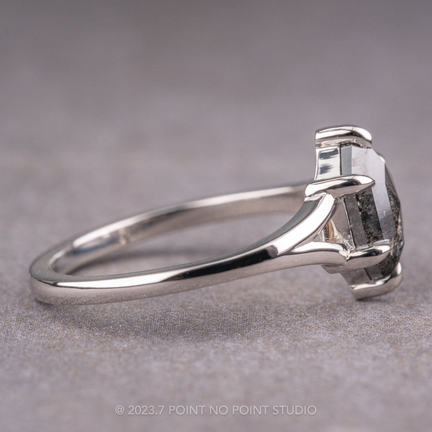 1.37 Carat Black Salt and Pepper Hexagon Diamond Engagement Ring, Split Shank Jane