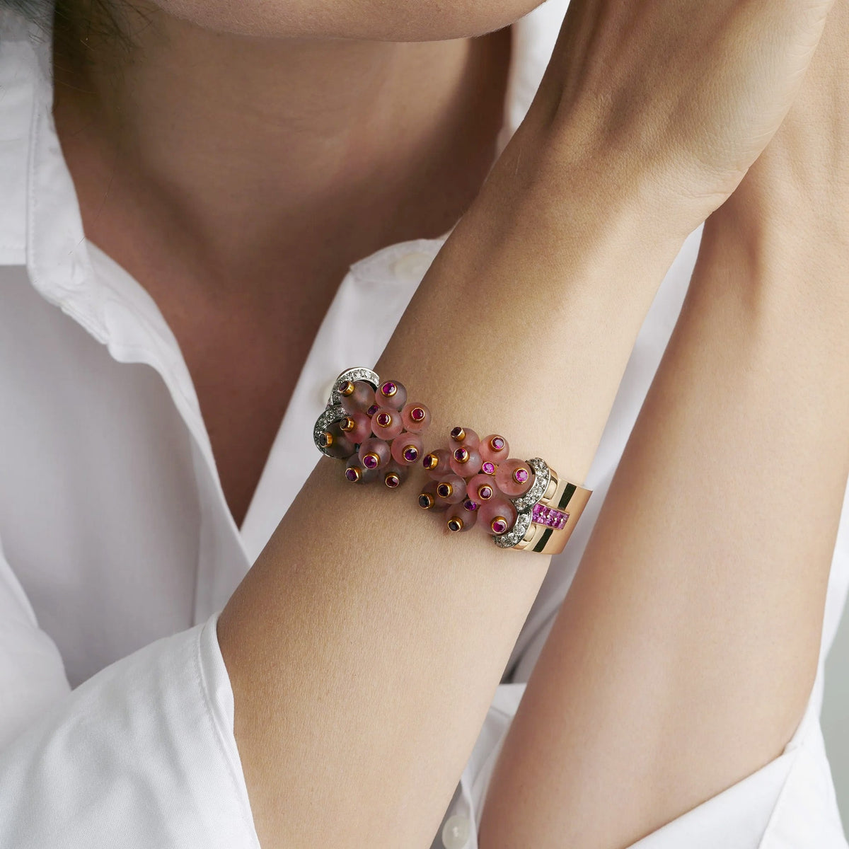 Georges Verger Rose Quartz and Ruby Cuff