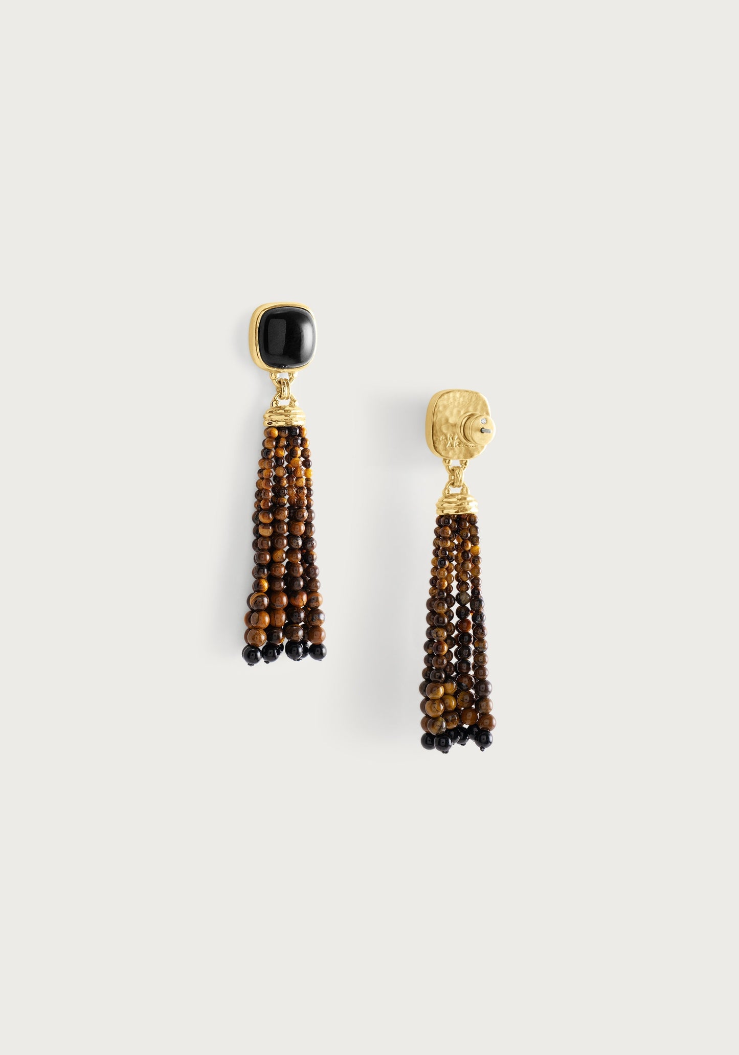 Forza Tassel Earrings, Tiger's Eye and Black Onyx
