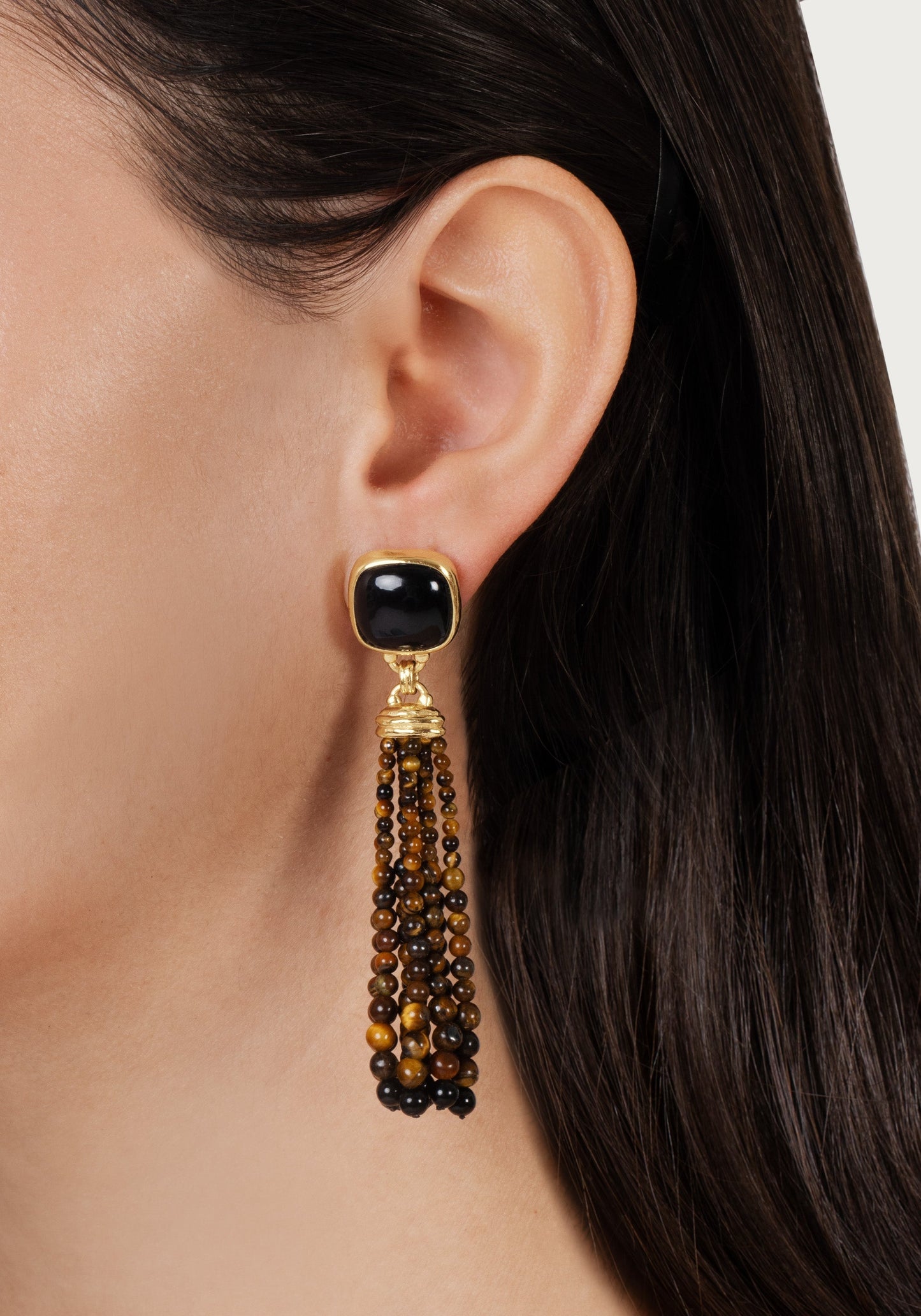 Forza Tassel Earrings, Tiger's Eye and Black Onyx
