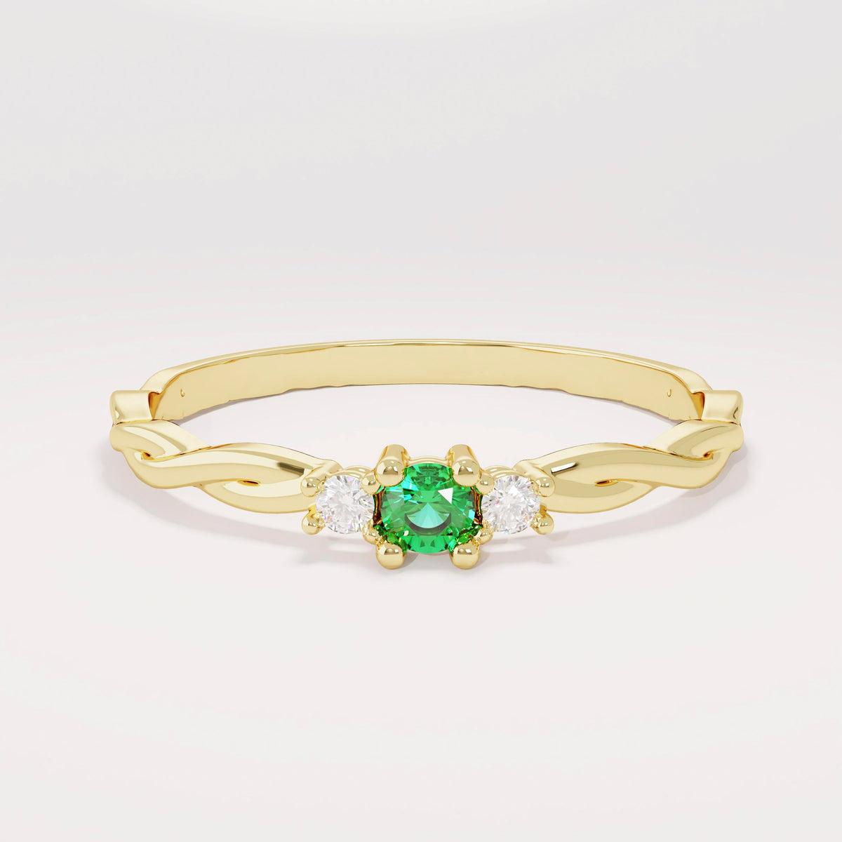 Women’s 14k Gold Minimalist Emerald Solitaire | Twisted Band Tiny Green Gem | Dainty Promise Stackable Jewelry Gift
