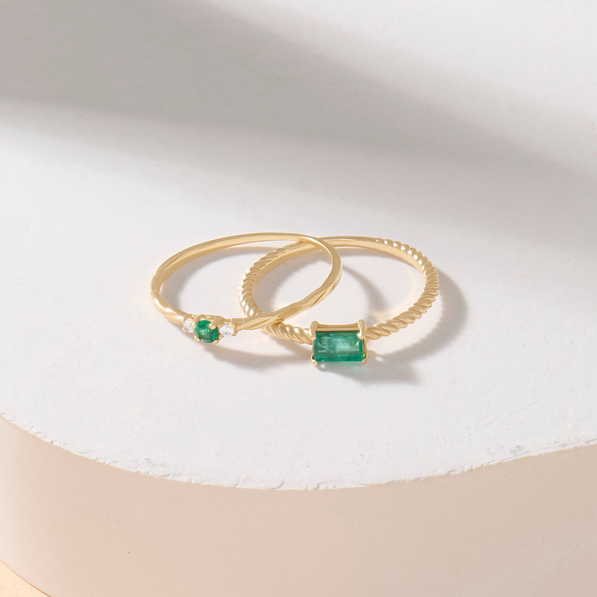 Women’s 14k Gold Minimalist Emerald Solitaire | Twisted Band Tiny Green Gem | Dainty Promise Stackable Jewelry Gift