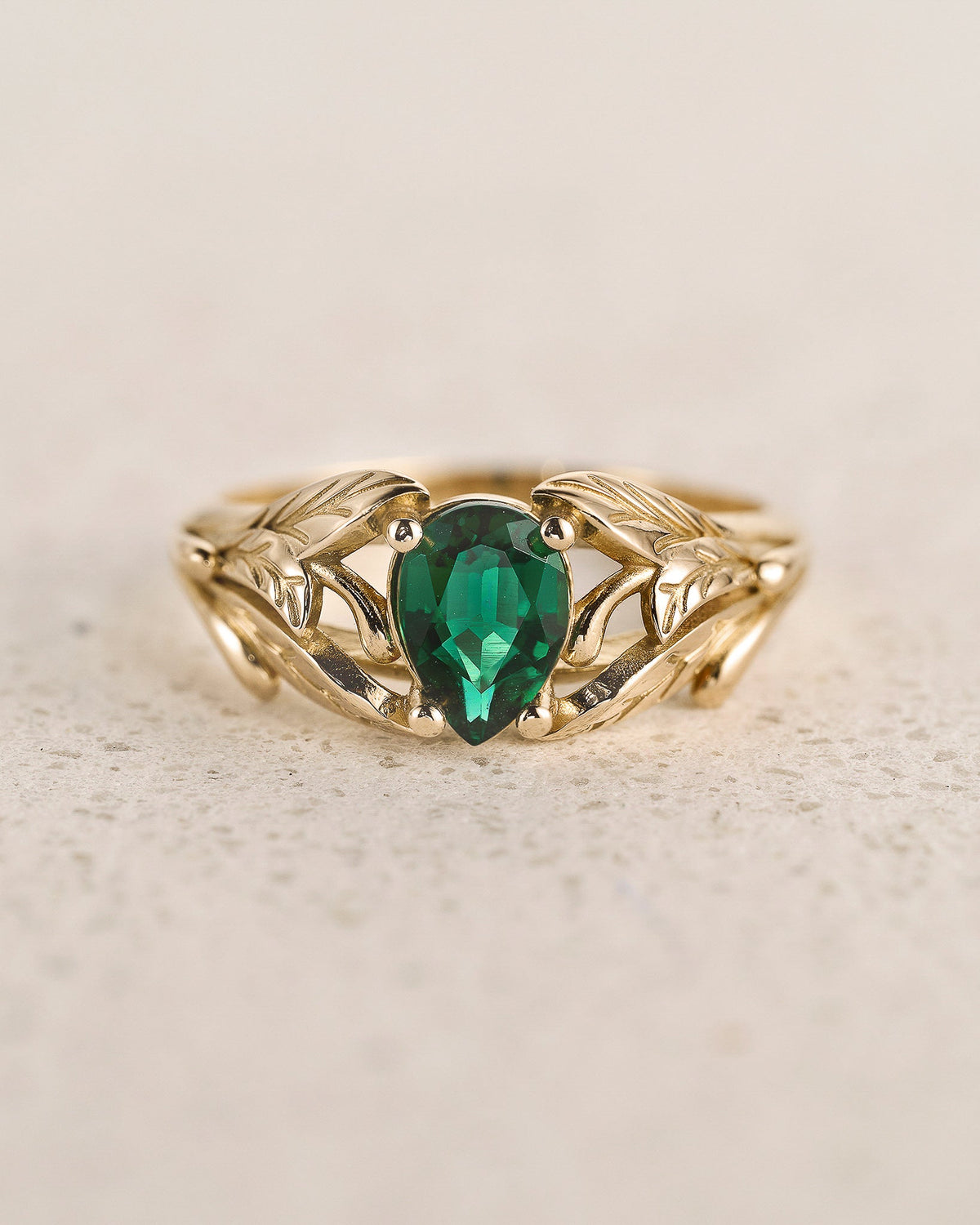 READY TO SHIP: Wisteria engagement ring with pear cut lab emerald in 14K yellow gold, AVAILABLE RING SIZES: 5.5 - 8.5 US