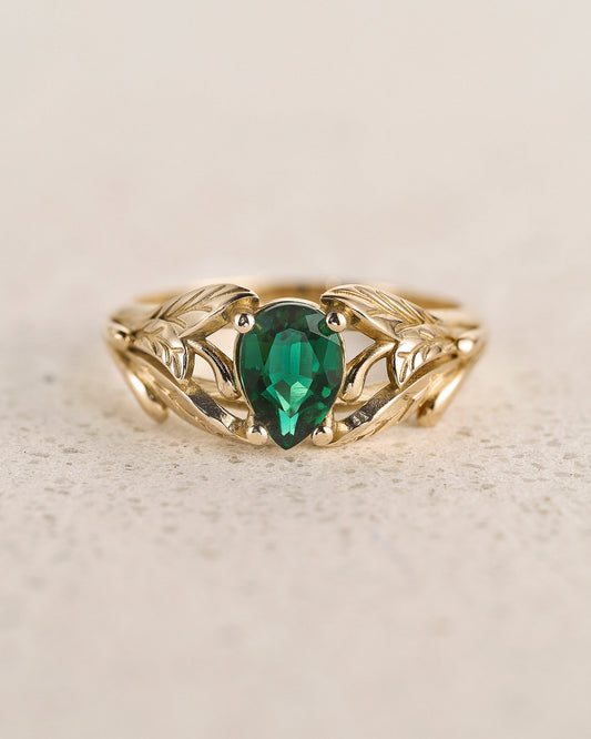 READY TO SHIP: Wisteria engagement ring with pear cut lab emerald in 14K yellow gold, AVAILABLE RING SIZES: 5.5 - 8.5 US