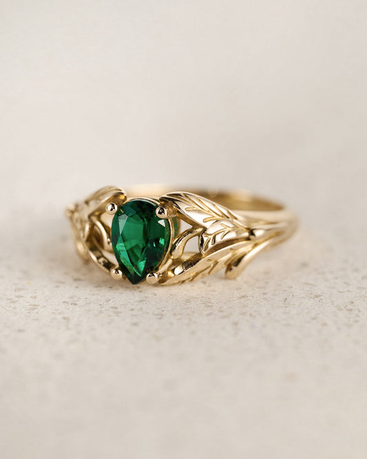 READY TO SHIP: Wisteria engagement ring with pear cut lab emerald in 14K yellow gold, AVAILABLE RING SIZES: 5.5 - 8.5 US