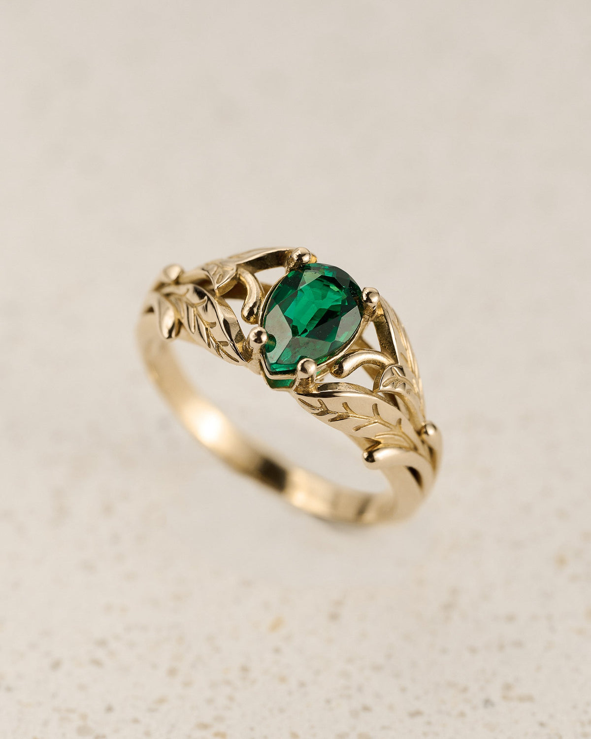 READY TO SHIP: Wisteria engagement ring with pear cut lab emerald in 14K yellow gold, AVAILABLE RING SIZES: 5.5 - 8.5 US