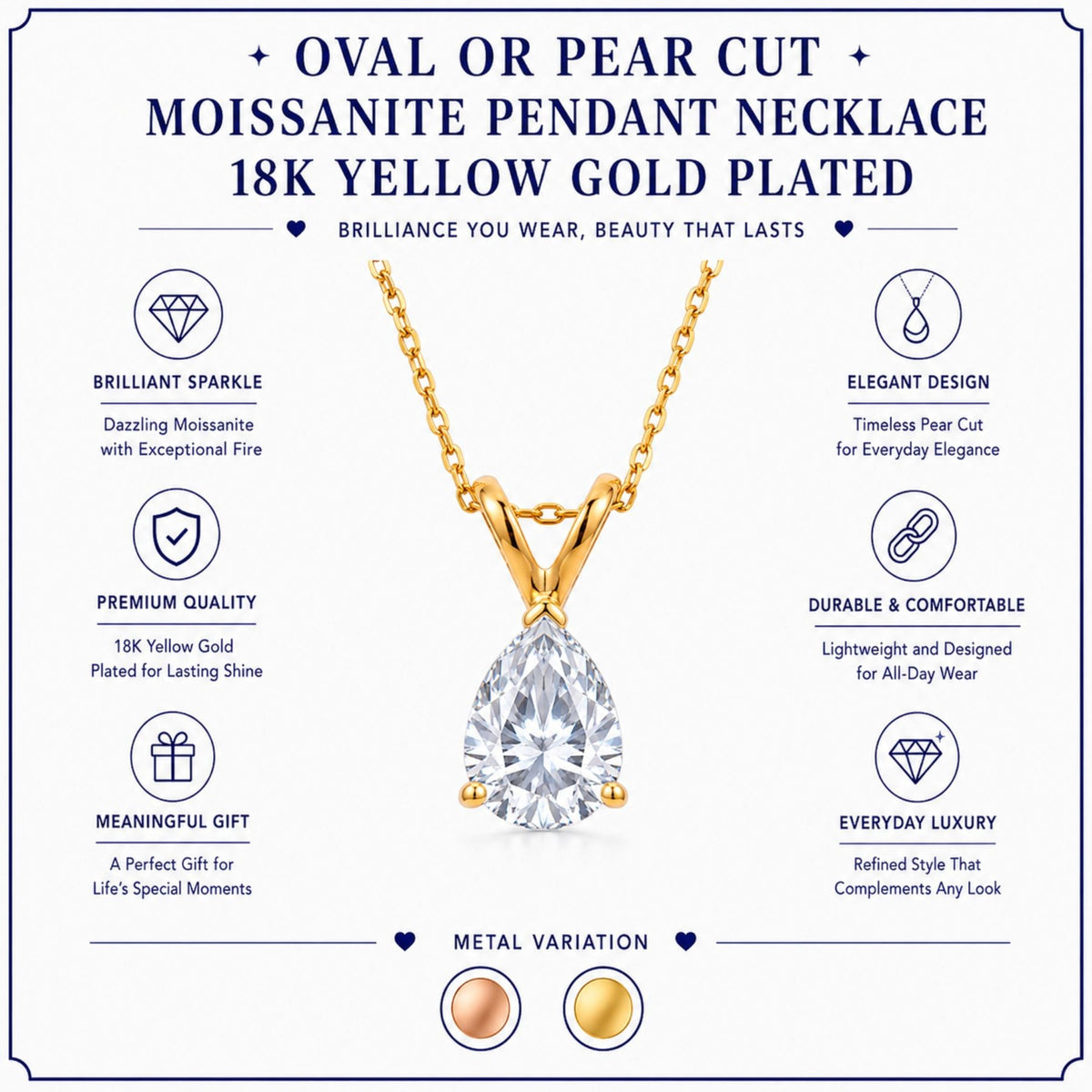 1/2 Carat Oval/Pear Shape Moissanite - Classic Pendant Necklace - 18K Gold Plating for Women