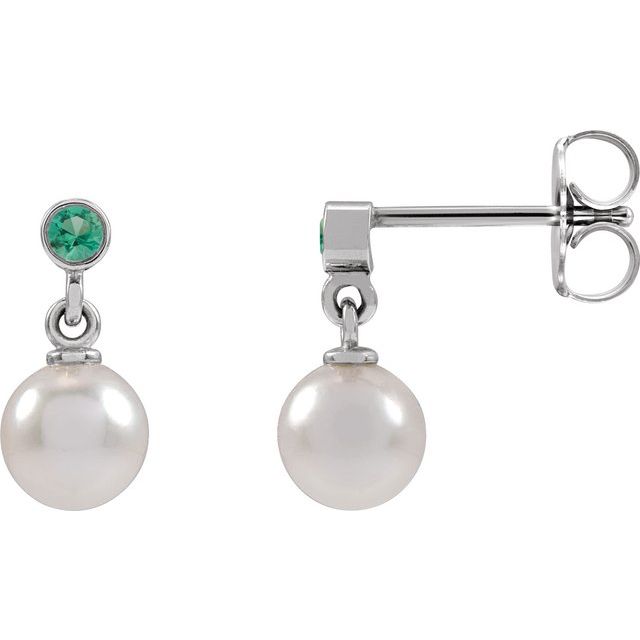 White Akoya Pearl & Bezel Set Emerald Stud Earrings