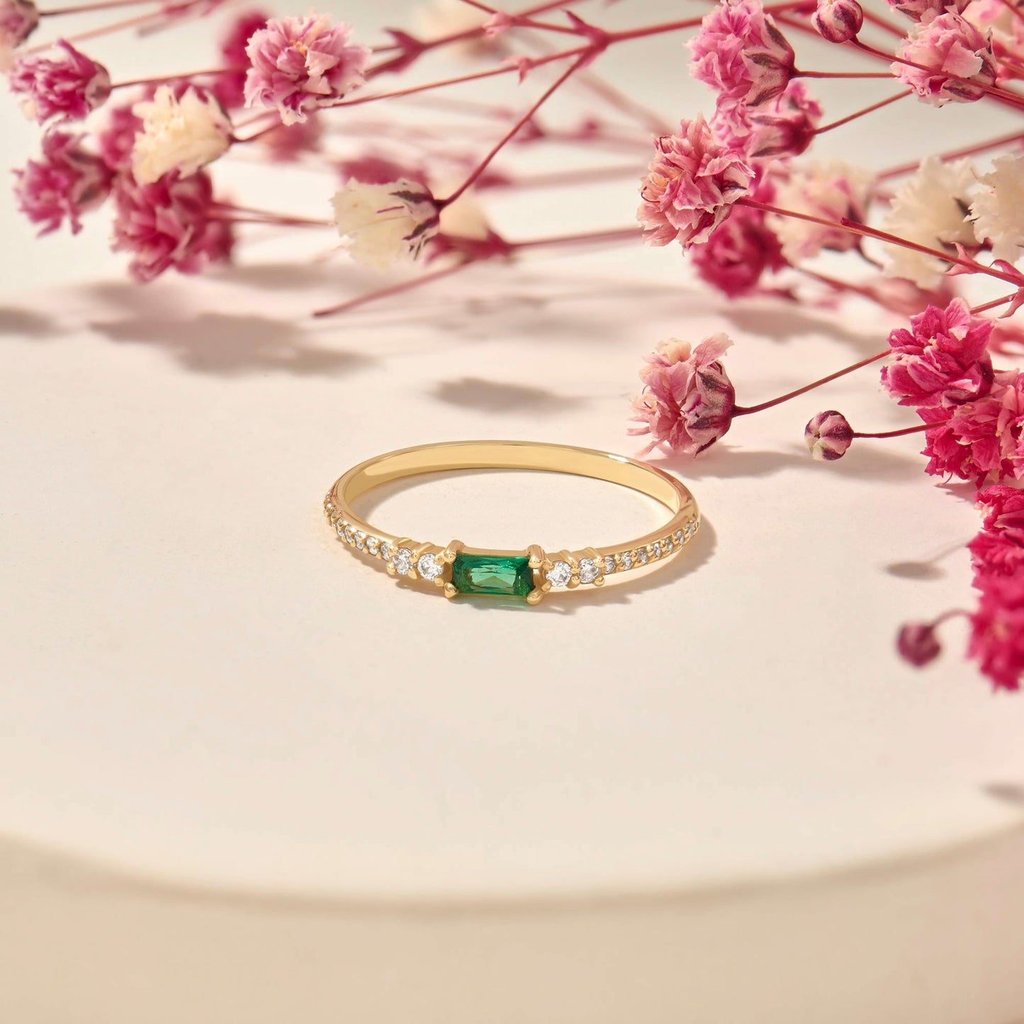Minimalist Baguette Emerald Ring – 14k Solid Gold with Pavé Diamonds | May Birthstone Gift for Her’s Birthday