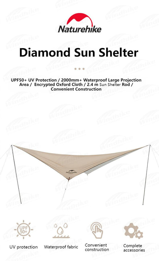 Naturehike Diamond Sun Shelter Portable Lightweight 3-4 Person Tarp Camping Outdoor Waterproof Canopy 6x4m 150D Windproof With 2.4m Pole UPF50+