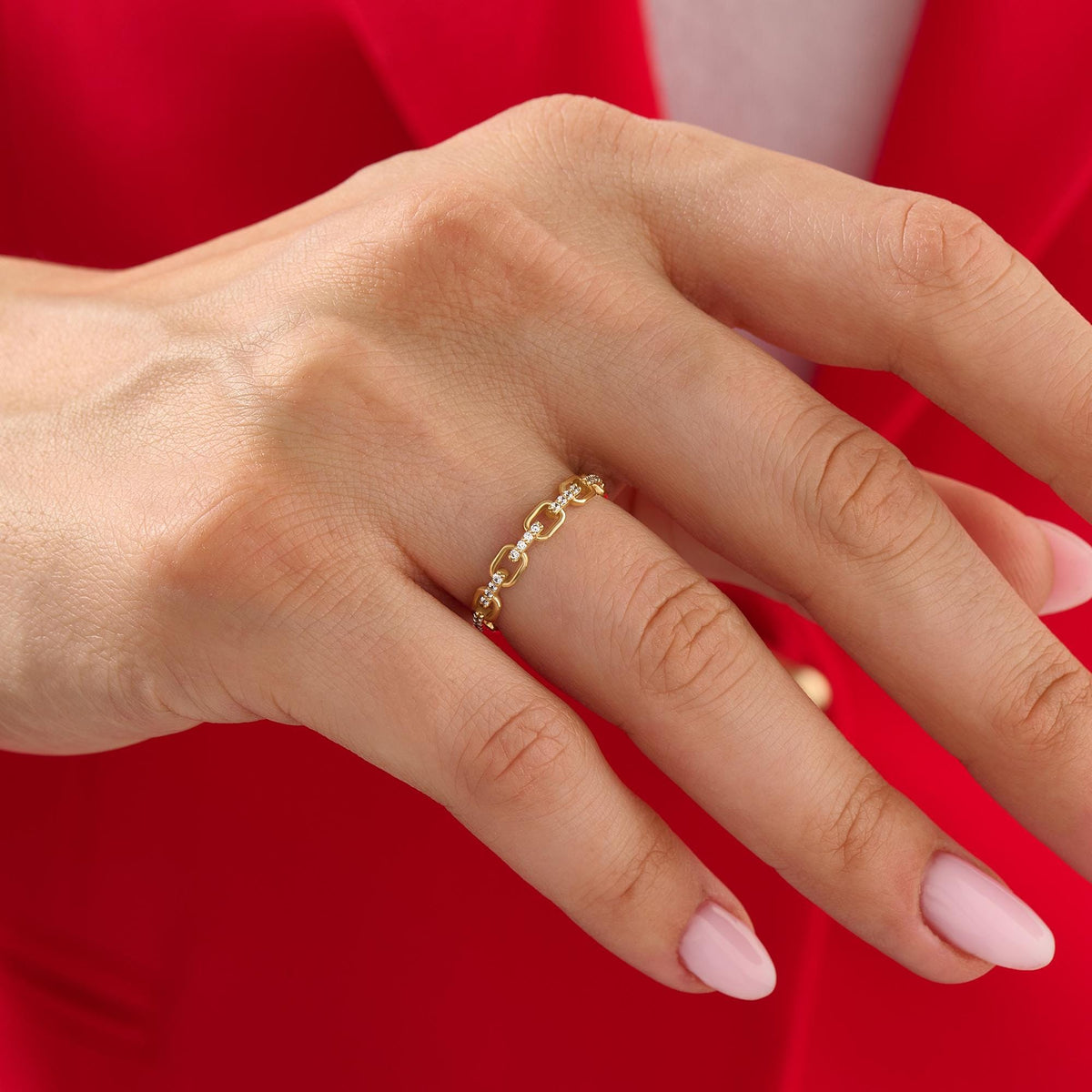 14k Solid Gold Diamond Open Link Ring – Women's Minimalist Stackable Eternity Band, Handmade Dainty Gift