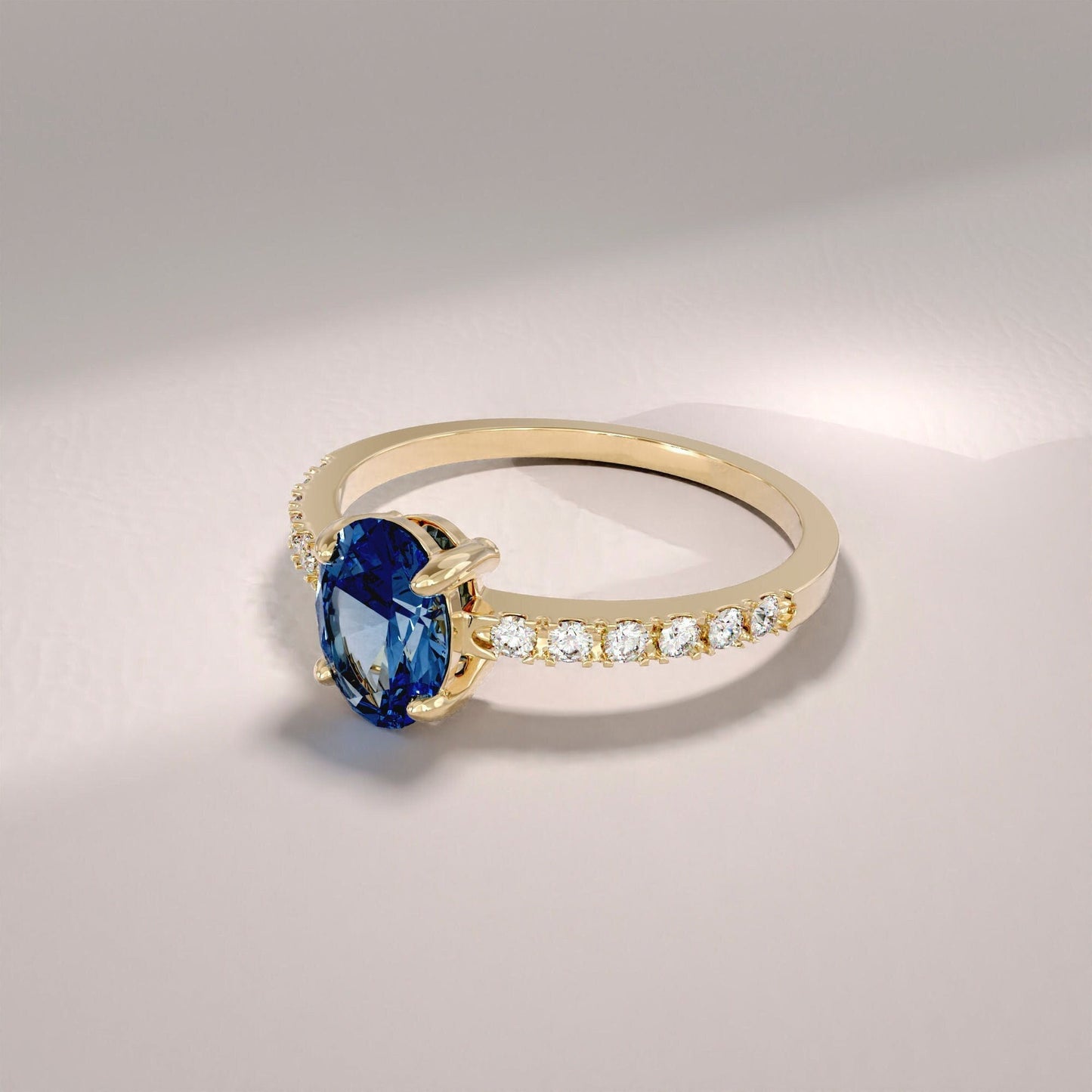 Oval Blue Sapphire Solitaire 14k Gold - Handmade Bridal Ring with Dainty Diamonds, Engagement Ring for Her