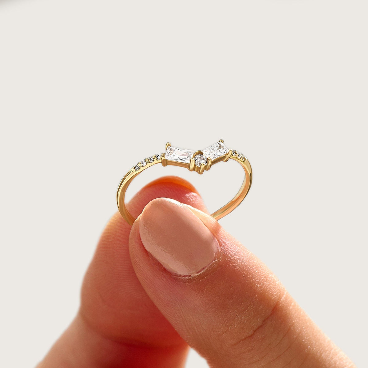 Women's Minimalist Curved 14K Gold Ring - V-Shaped Diamond Baguette Wedding Band, Stackable Nesting Bridal Jewelry