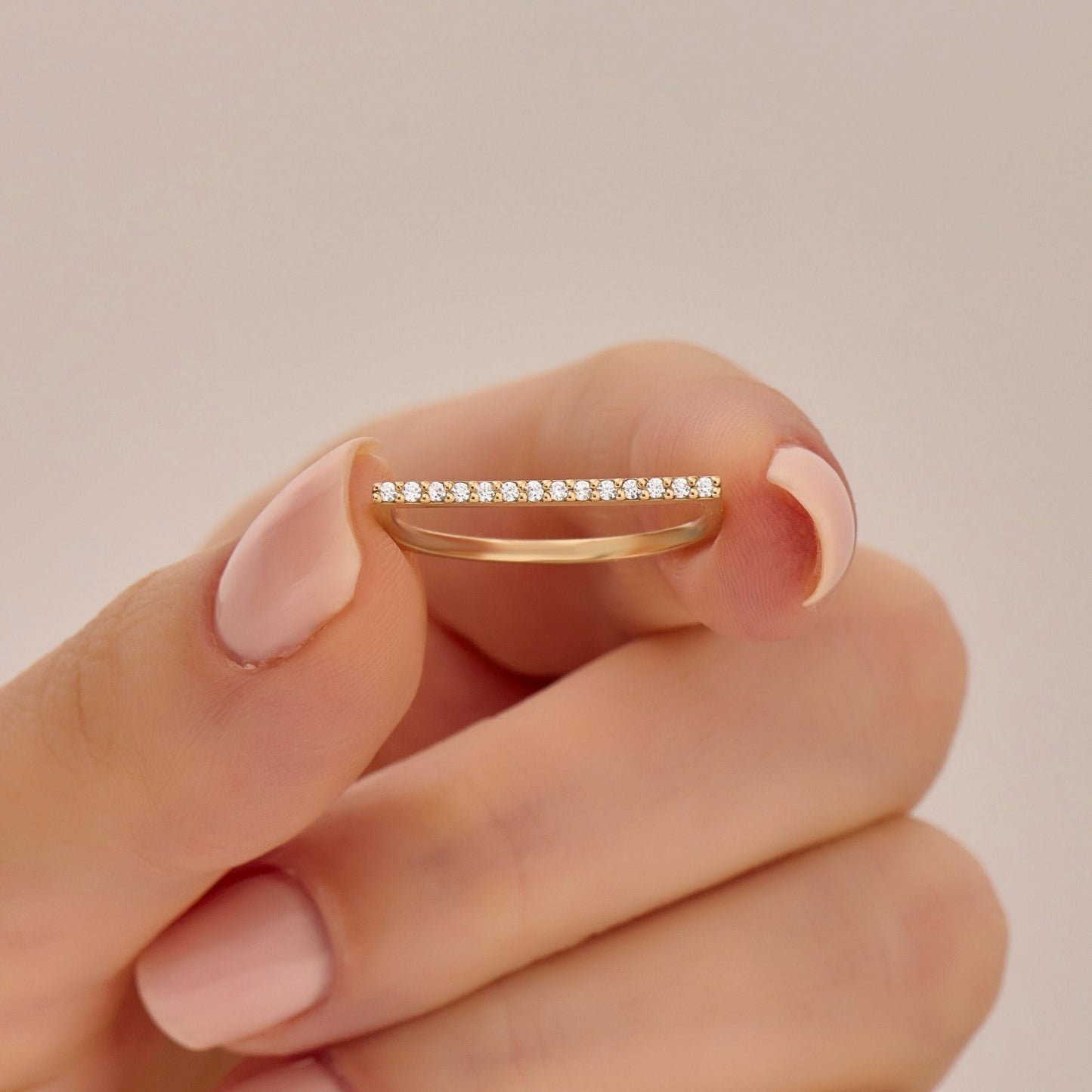 14k Solid Gold Diamond Flat Bar Ring, Dainty Fine Gold Jewelry, Pave Thin Stacking Band for Women, Minimalist Line Pointer Finger Ring