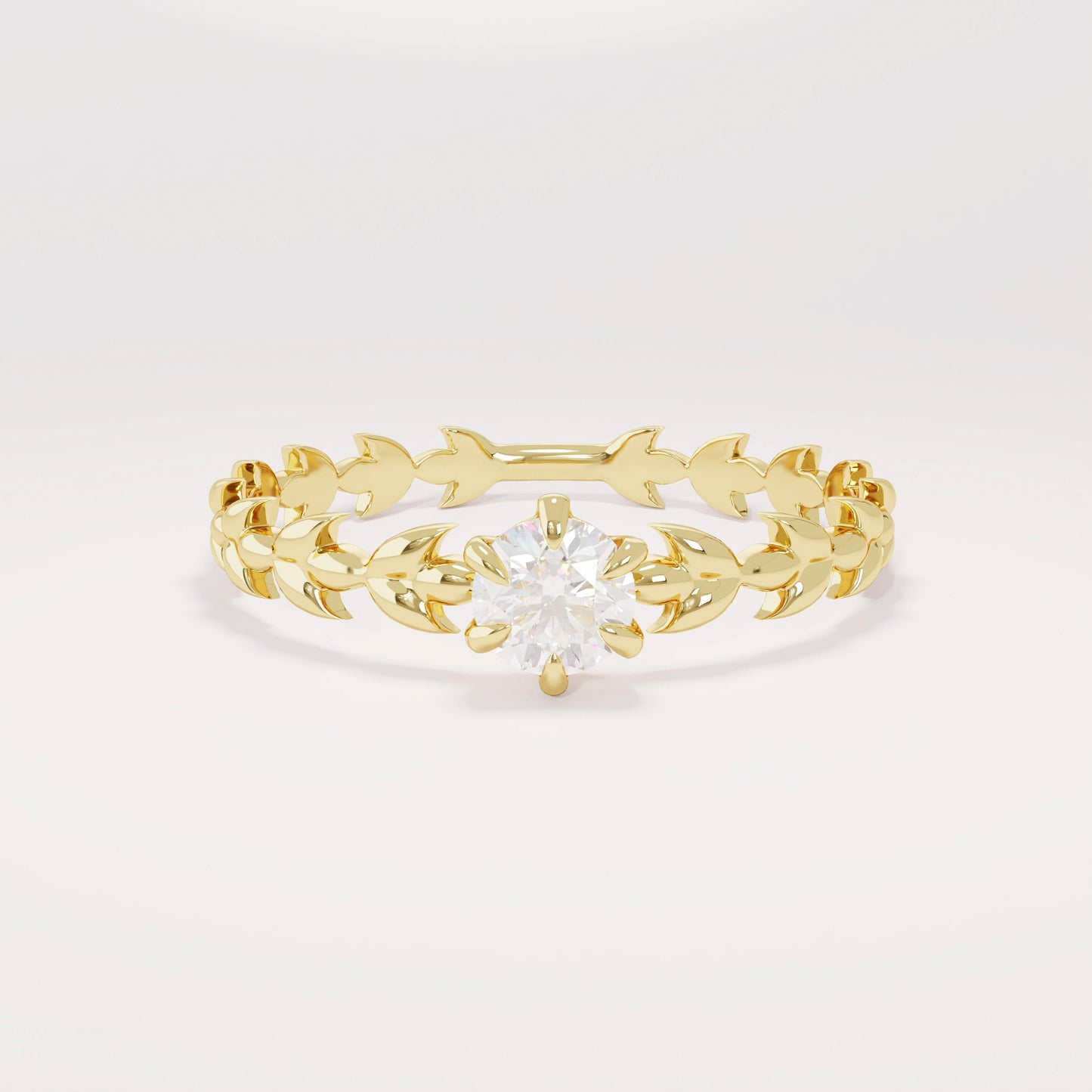Handcrafted 14k Solid Gold Engagement Band - Diamond Solitaire with Vine Detailing, Minimalist Leaf Eternity Ring for Her, Nature-Floral Design