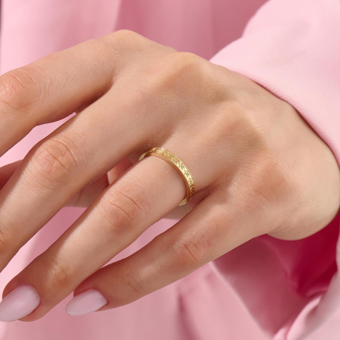 3mm Wheat Engraved Ring 14K Gold – His and Hers Simple Marriage Band