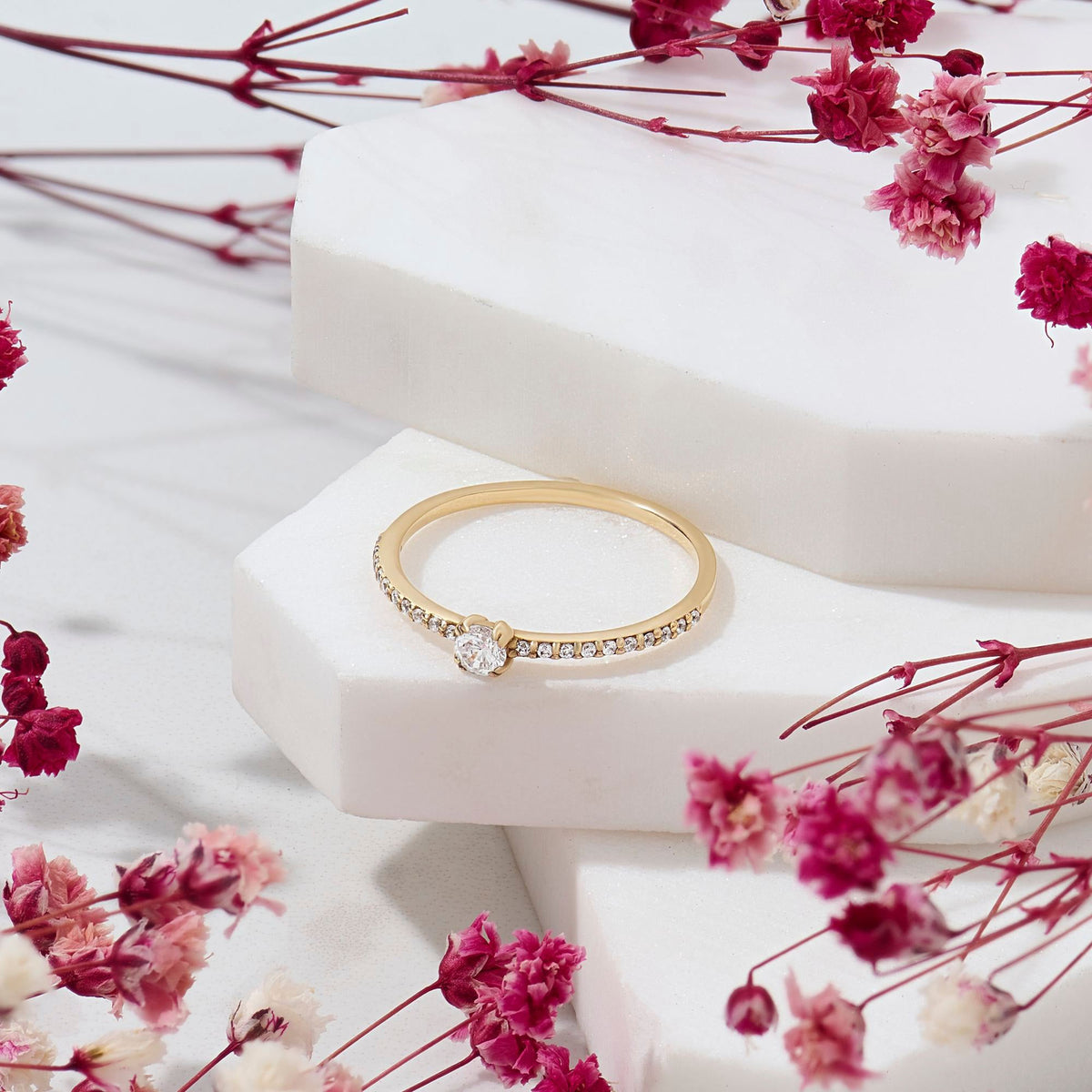 14k Solid Gold Diamond Engagement Ring | 0.3ctw Minimalist Solitaire Half Eternity Band | Promise Gift for Her Birthday