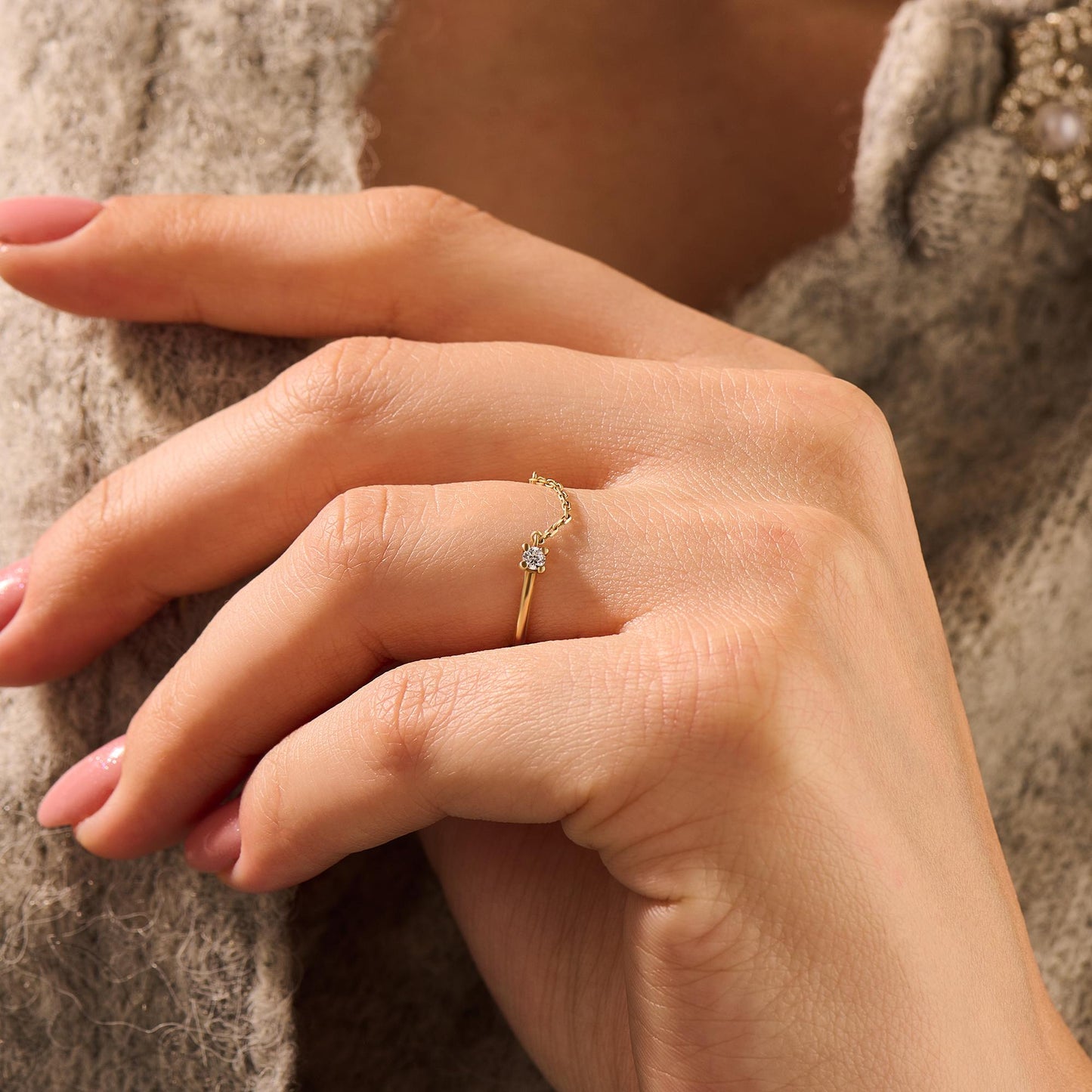 14k Solid Gold Diamond-Accented Open Chain Ring – Women's Minimalist Stackable Link Band, Everyday Girlfriend Gift
