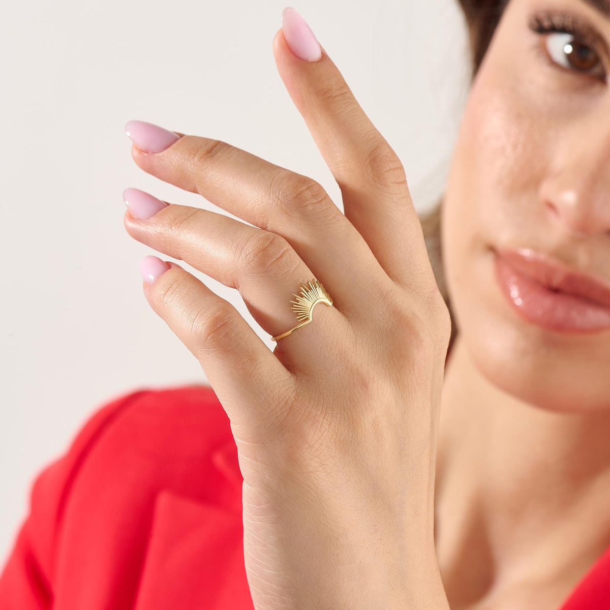 14k Gold Minimalist Nesting Band | Sunshine Curved Contour Ring | Engagement Solitaire Enhancer for Her