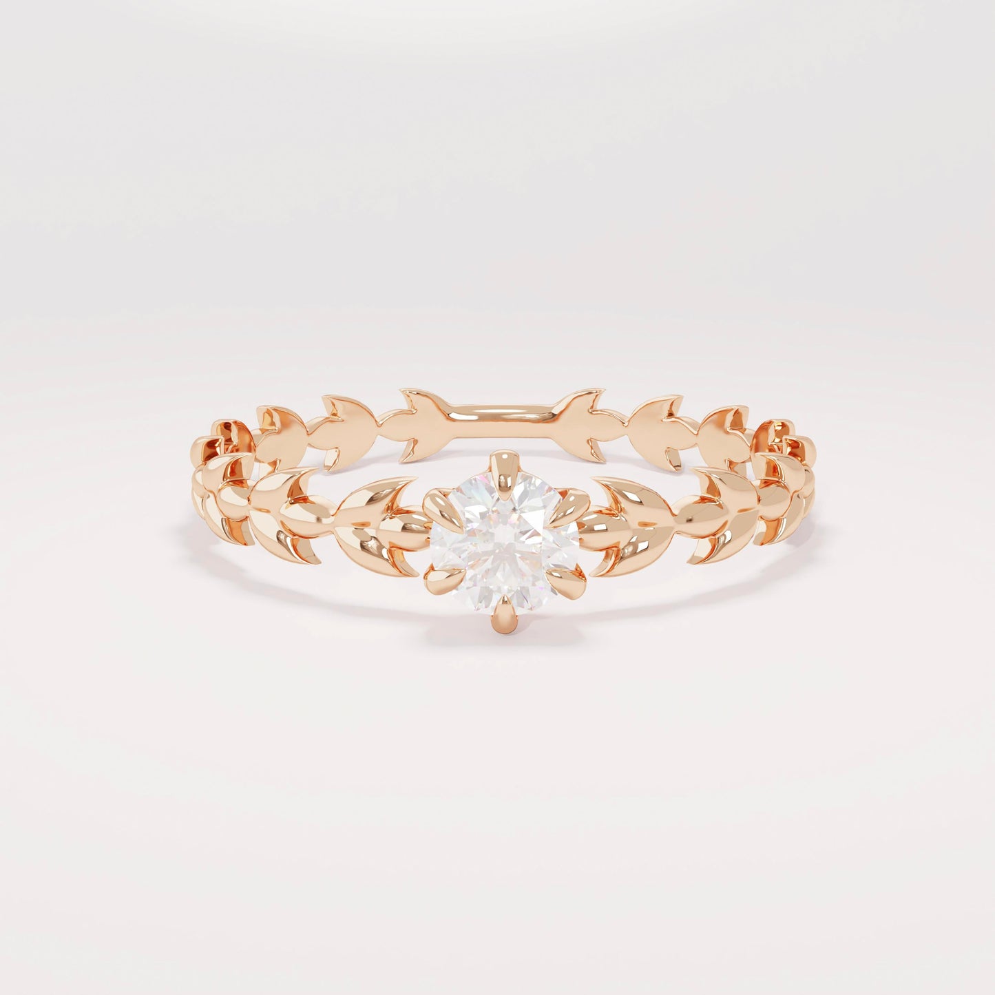 Handcrafted 14k Solid Gold Engagement Band - Diamond Solitaire with Vine Detailing, Minimalist Leaf Eternity Ring for Her, Nature-Floral Design