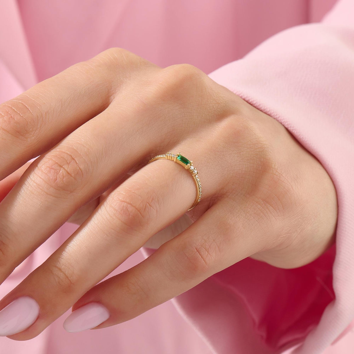 Minimalist Baguette Emerald Ring – 14k Solid Gold with Pavé Diamonds | May Birthstone Gift for Her’s Birthday