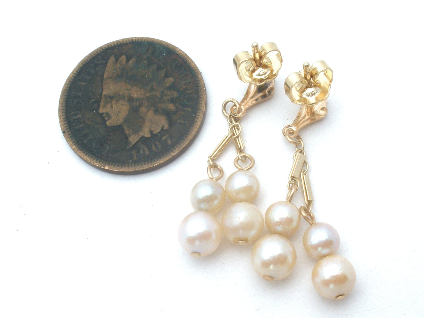 14K Yellow Gold Dangle Pearl Earrings