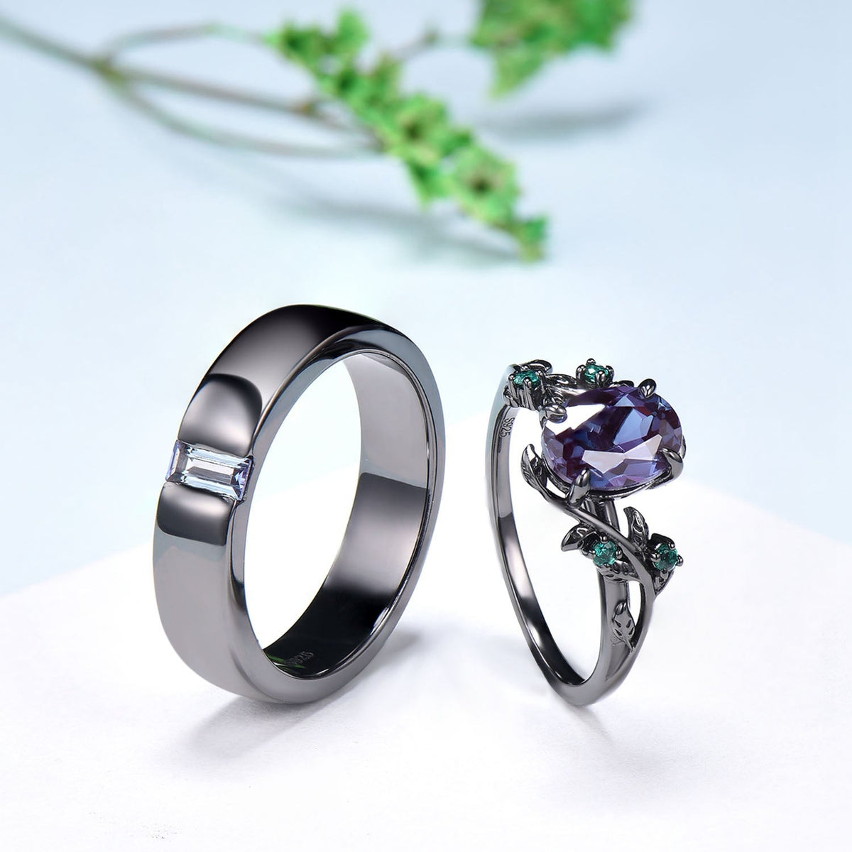 Couples ring set 14k black gold alexandrite wedding rings set twig ring men and women His Hers engagement ring nature inspired Promise gift