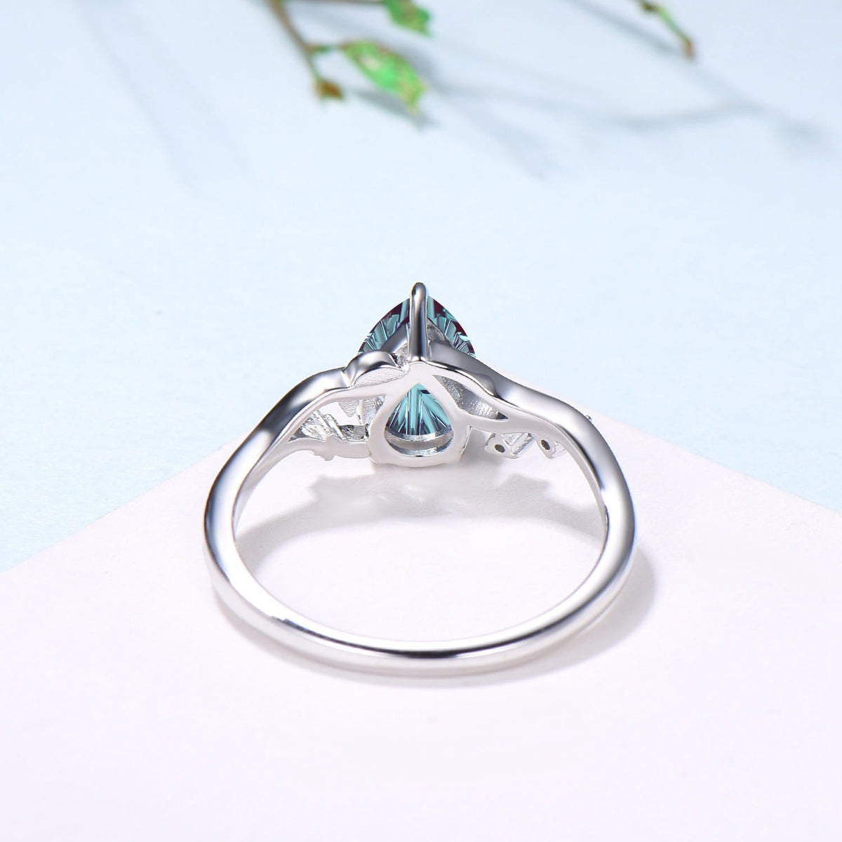 Leaf Vine Pear Shaped Starbrite Cut Alexandrite Engagement Ring Nature Inspired Twig White Gold Ring