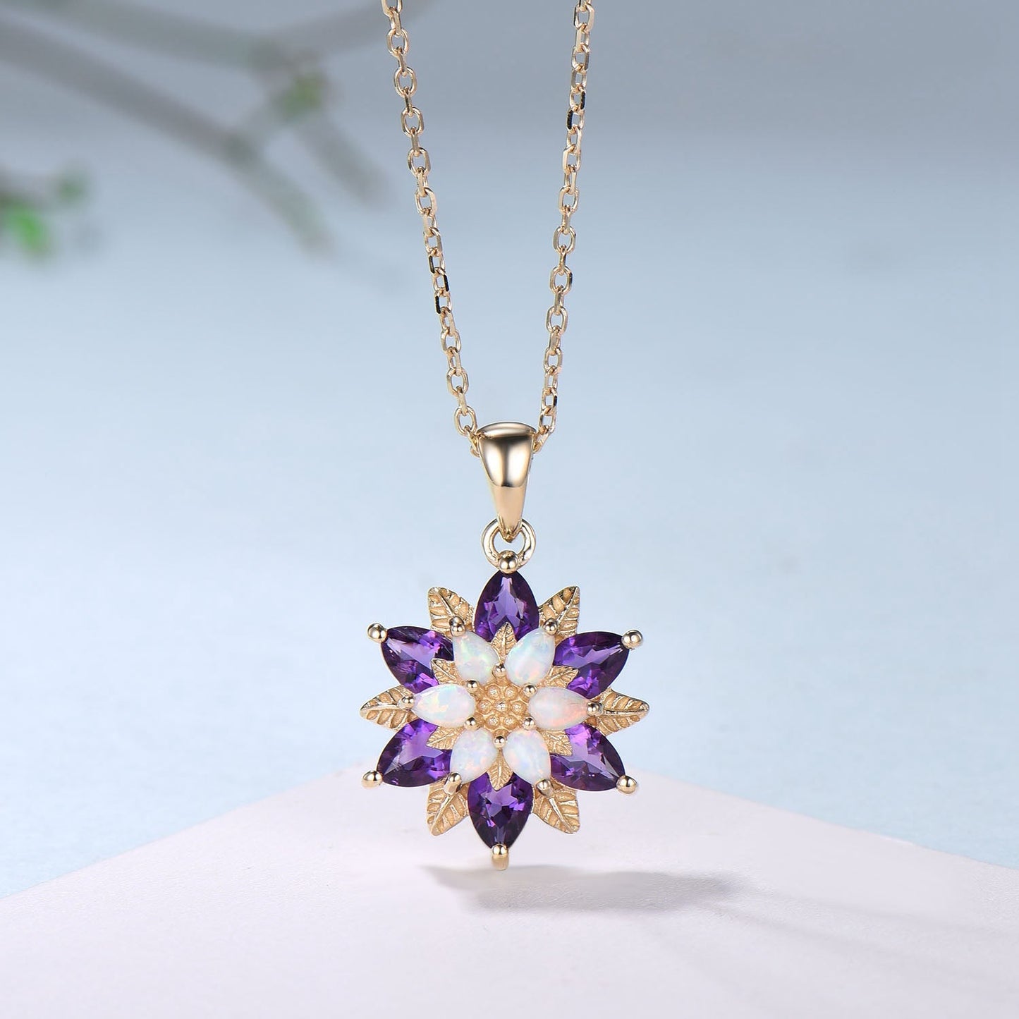 Unique Sunflower White Opal Amethyst Necklace Elegant Natural Inspired Double Halo Floral Pendant Leaf Vine Anniversary Promise Gift