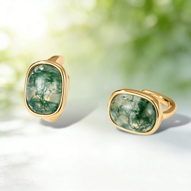 The Verdant Glade | Oval Moss Agate Bezel Stud Earrings