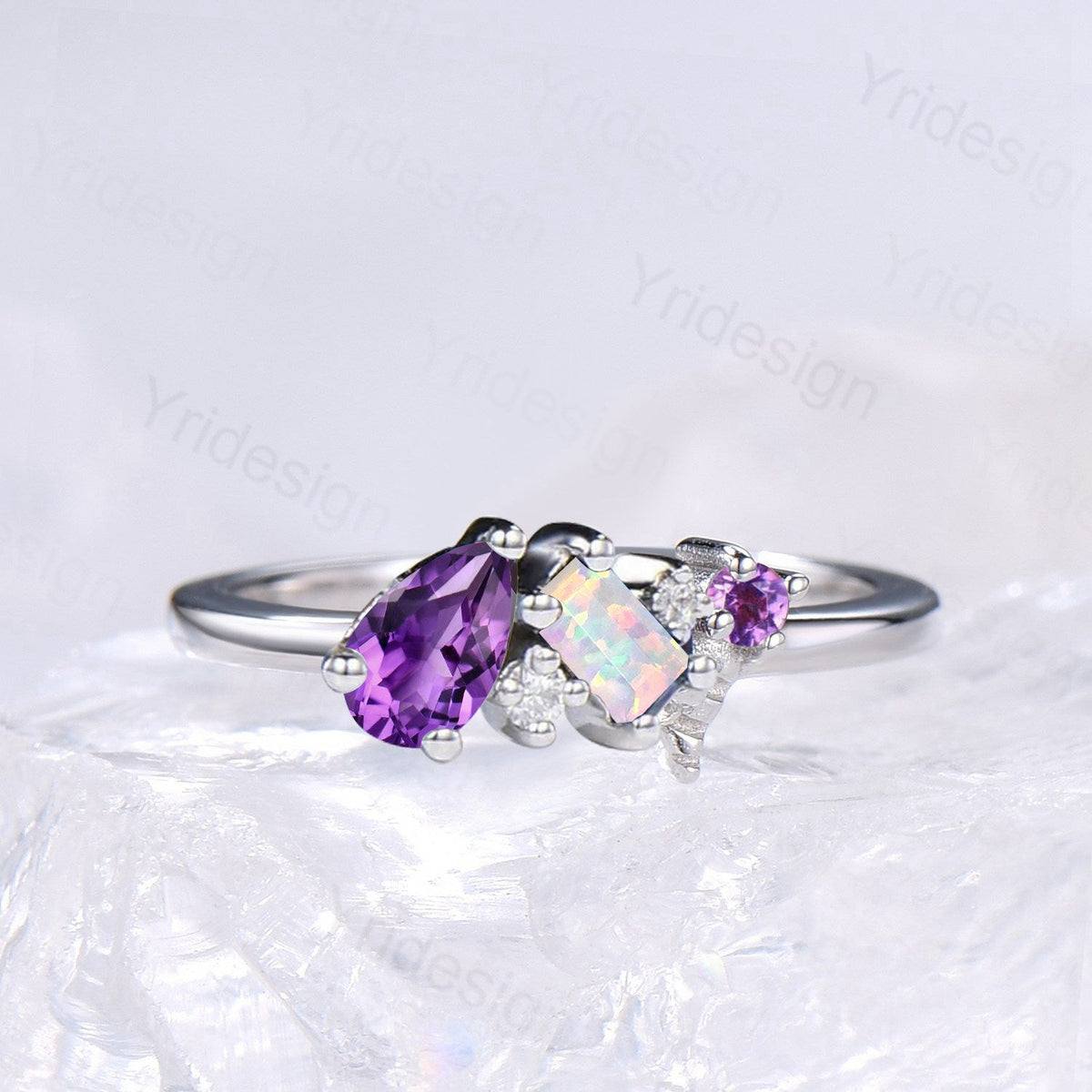 Royal 3-Stone Opal Amethyst Cluster Ring