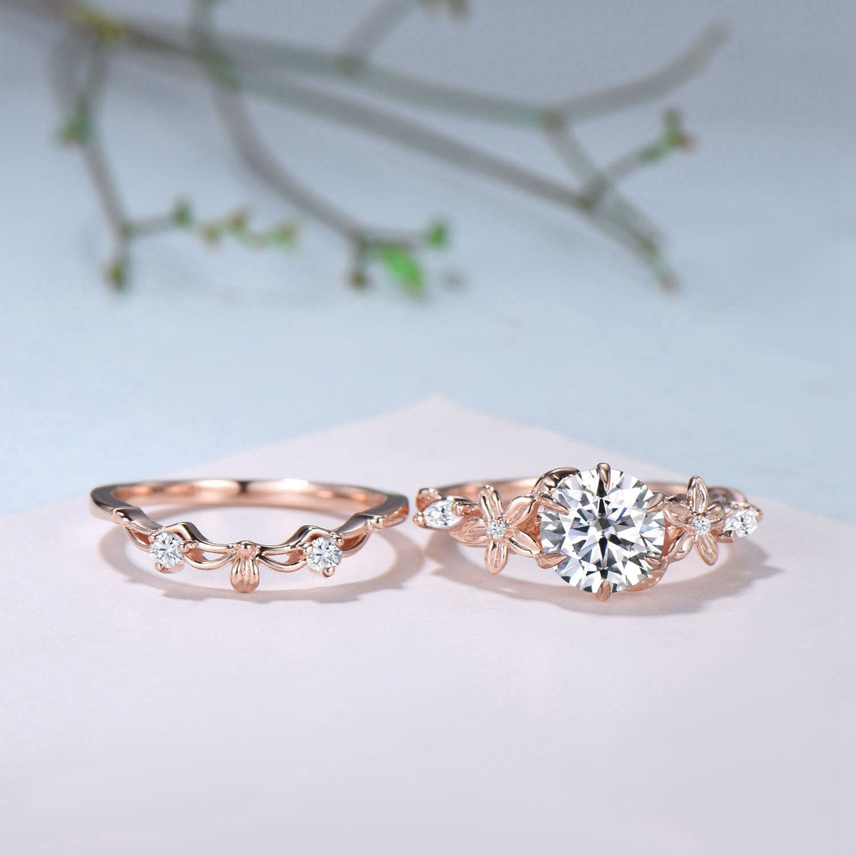 Unique 1 Carat Round Brilliant Lab Grown Diamond Ring Flower Moissanite Engagement Ring Rose Gold Bridal Nature Inspired Wedding Bridal Set