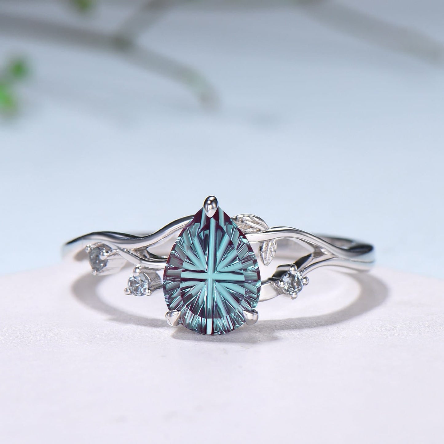 Leaf Vine Pear Shaped Starbrite Cut Alexandrite Engagement Ring Nature Inspired Twig White Gold Ring
