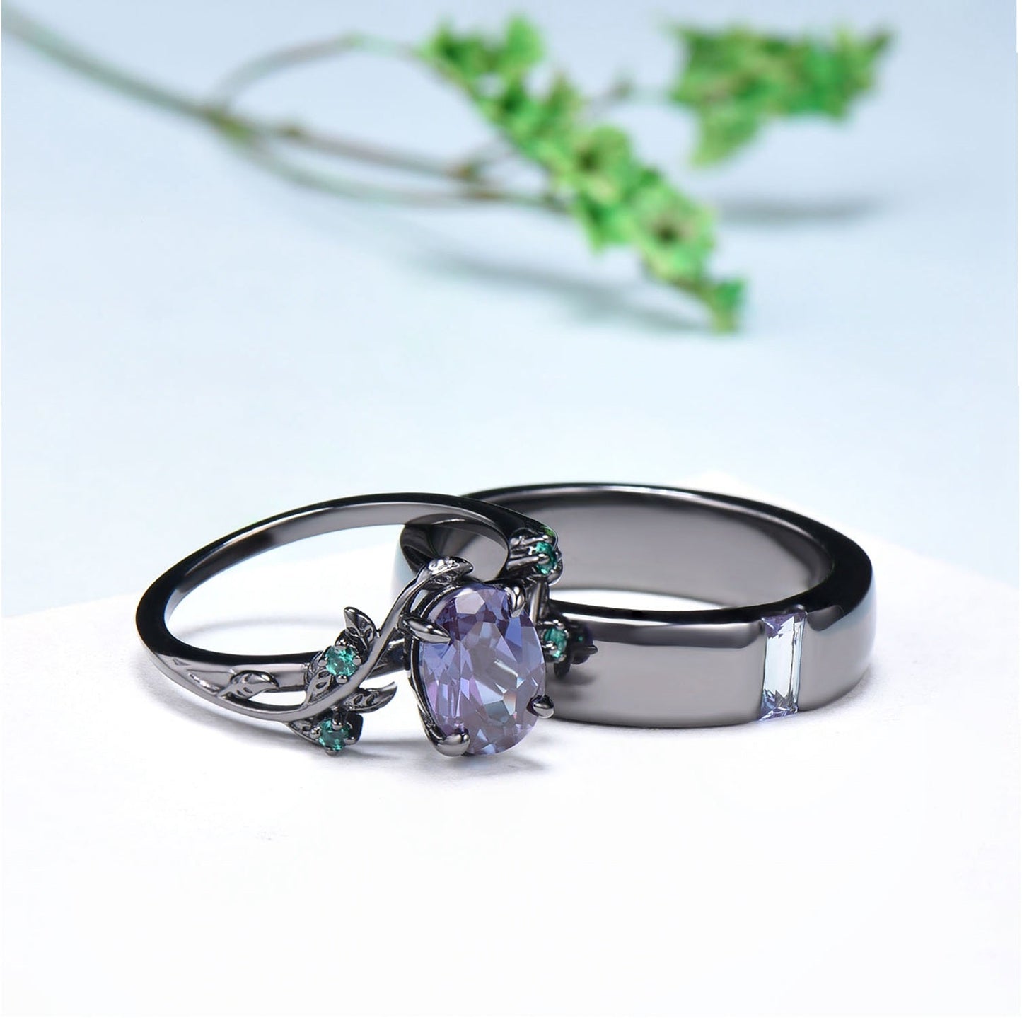 Couples ring set 14k black gold alexandrite wedding rings set twig ring men and women His Hers engagement ring nature inspired Promise gift