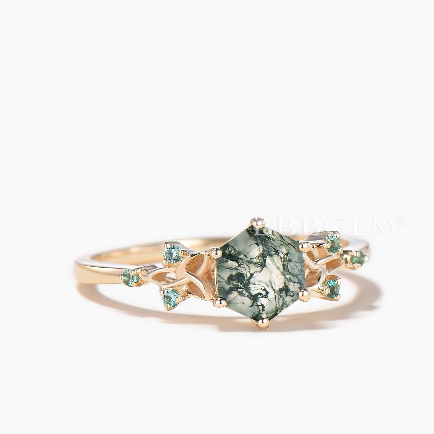 Hexagon Cut Natural Moss Agate Engagement Ring Emerald Celtic Knot Ring